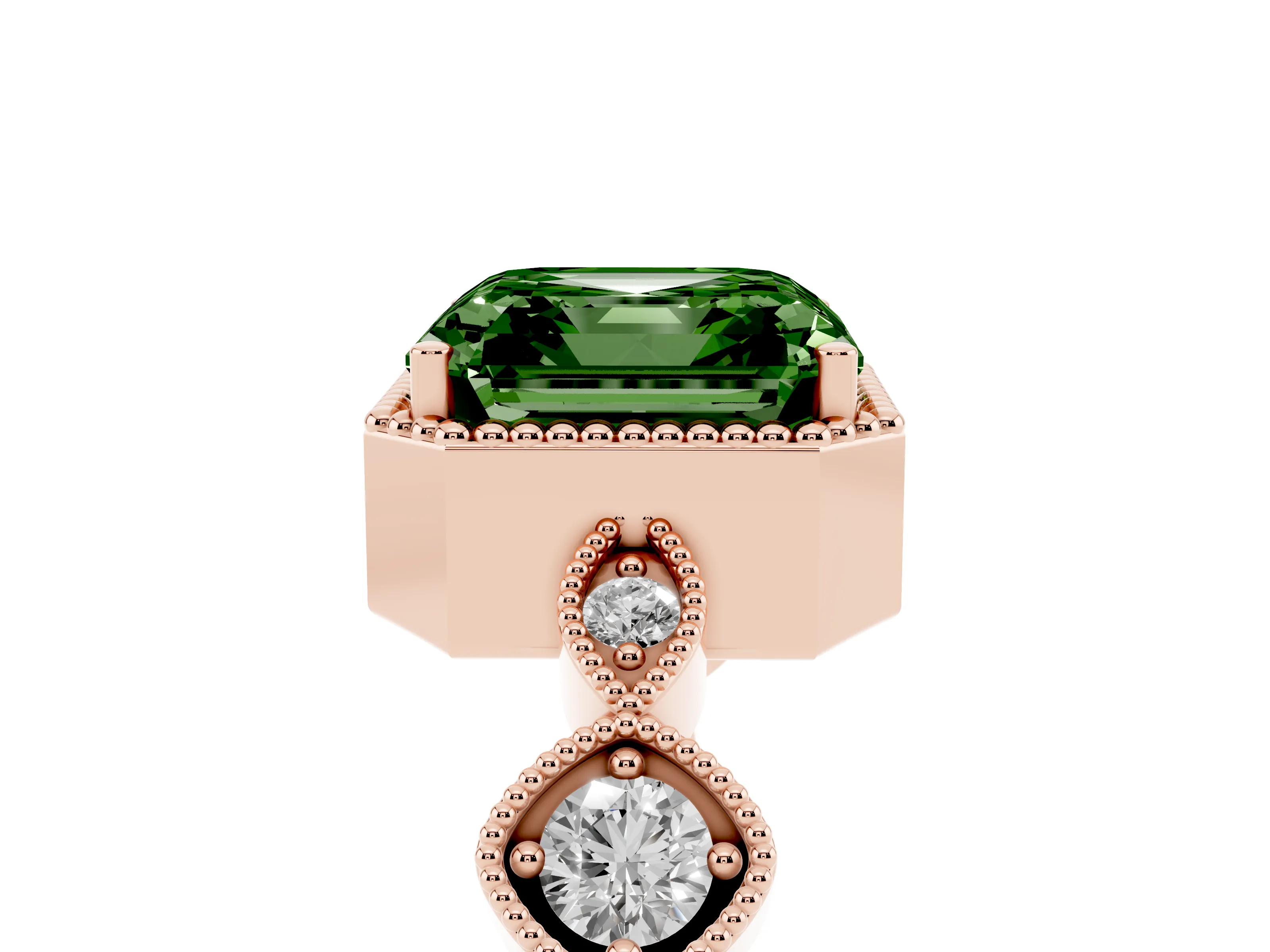 Fancy Green Asscher Cut Diamond Vintage-Inspired Milgrain Ring Set in Rose gold with Marquise Stations of Round Accents