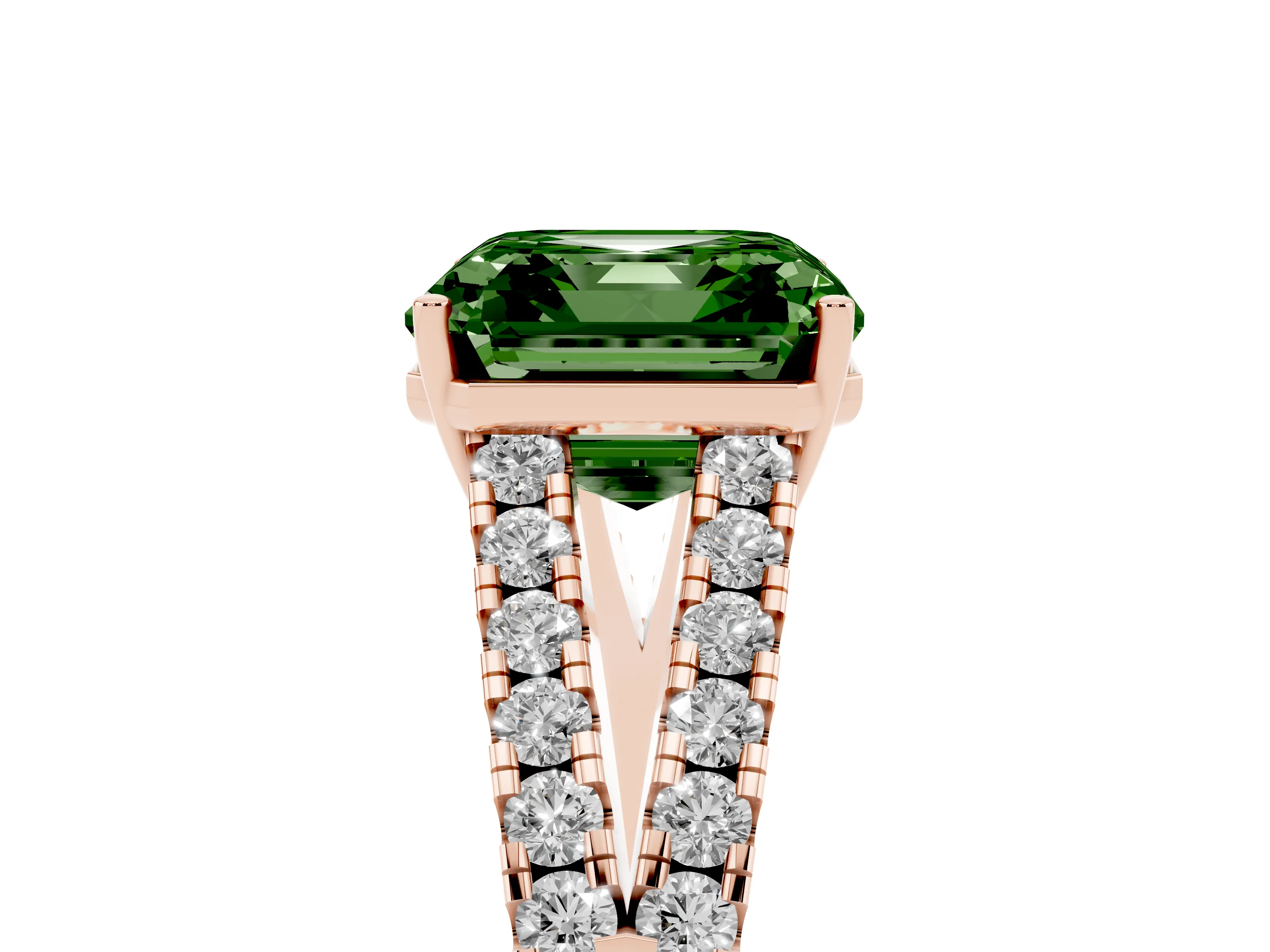 Fancy Green Asscher Cut Diamond Split Shank Pavé Engagement Ring Set in Rose gold with Prong-Held Center Stone