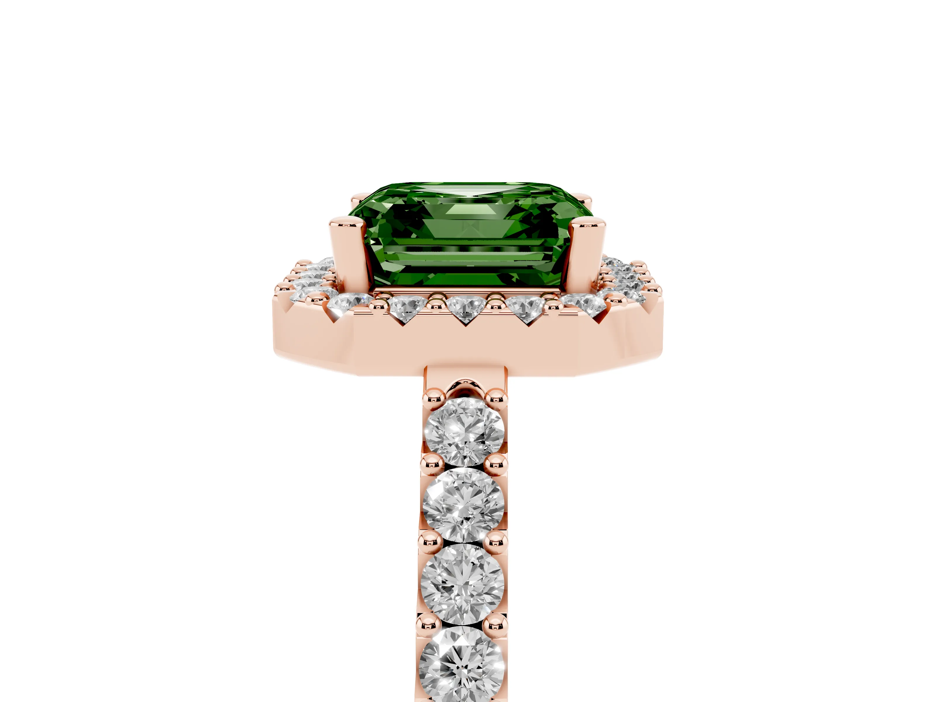Fancy Green Asscher Cut Diamond Halo Pavé Solitaire Ring Set in Rose gold with Prong-Set Center Stone