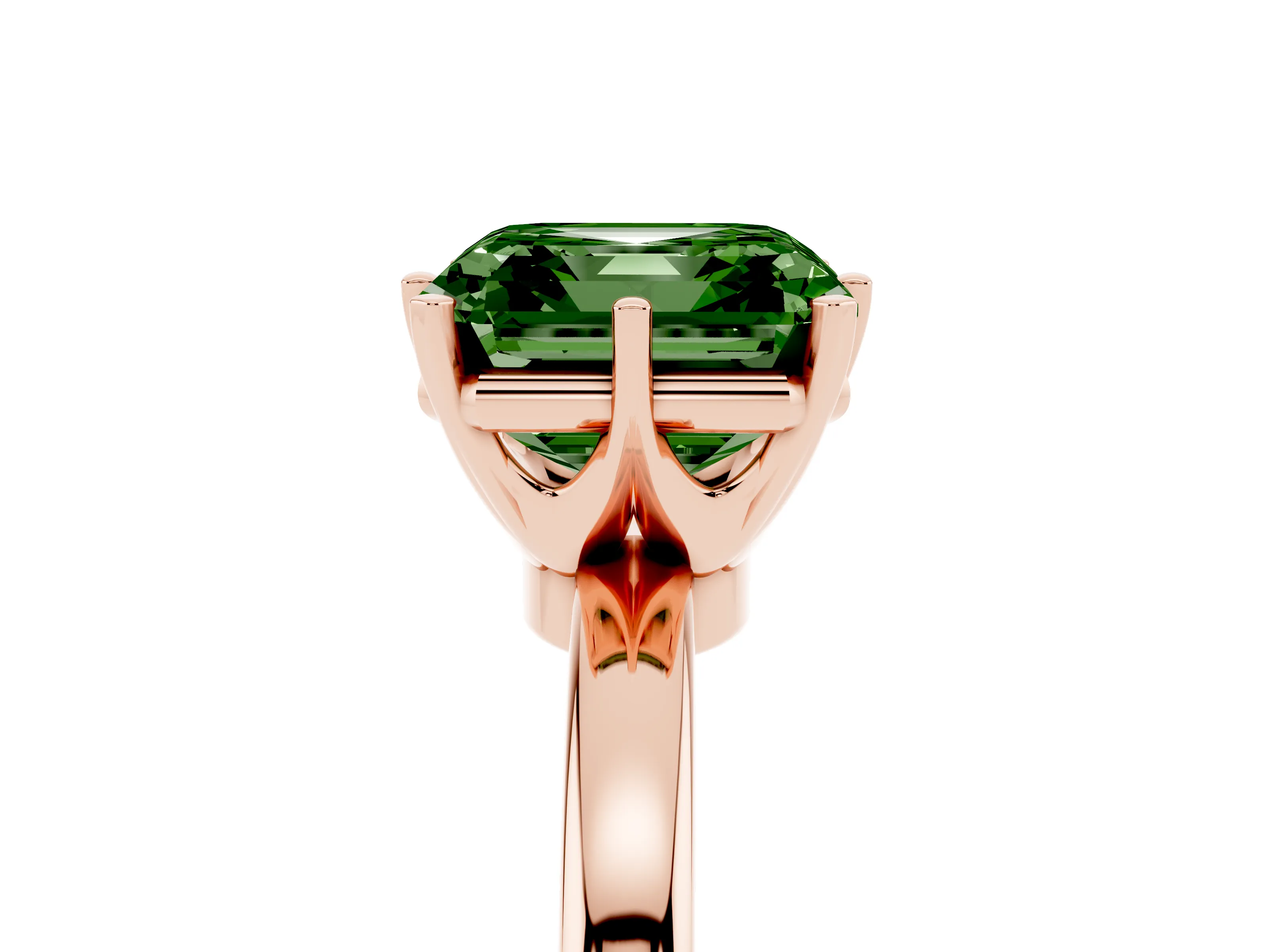 Fancy Green Asscher Cut Diamond Solitaire Ring Set in Rose gold with Raised Prong Setting on a Classic Band