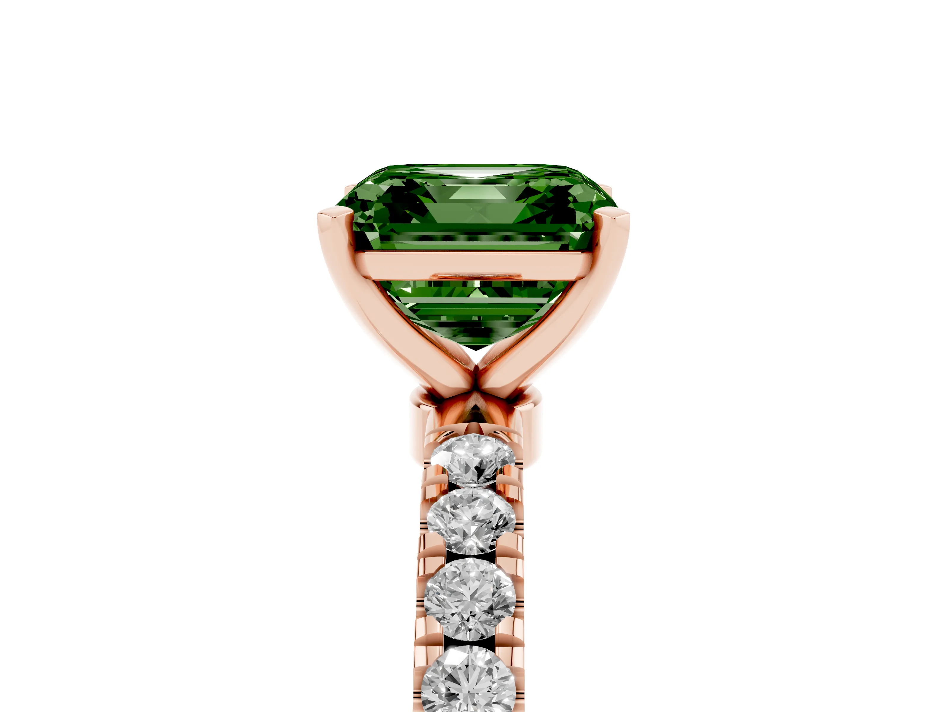 Fancy Green Asscher Cut Diamond Solitaire Ring Set in Rose gold with Pavé Accents and Prong Setting