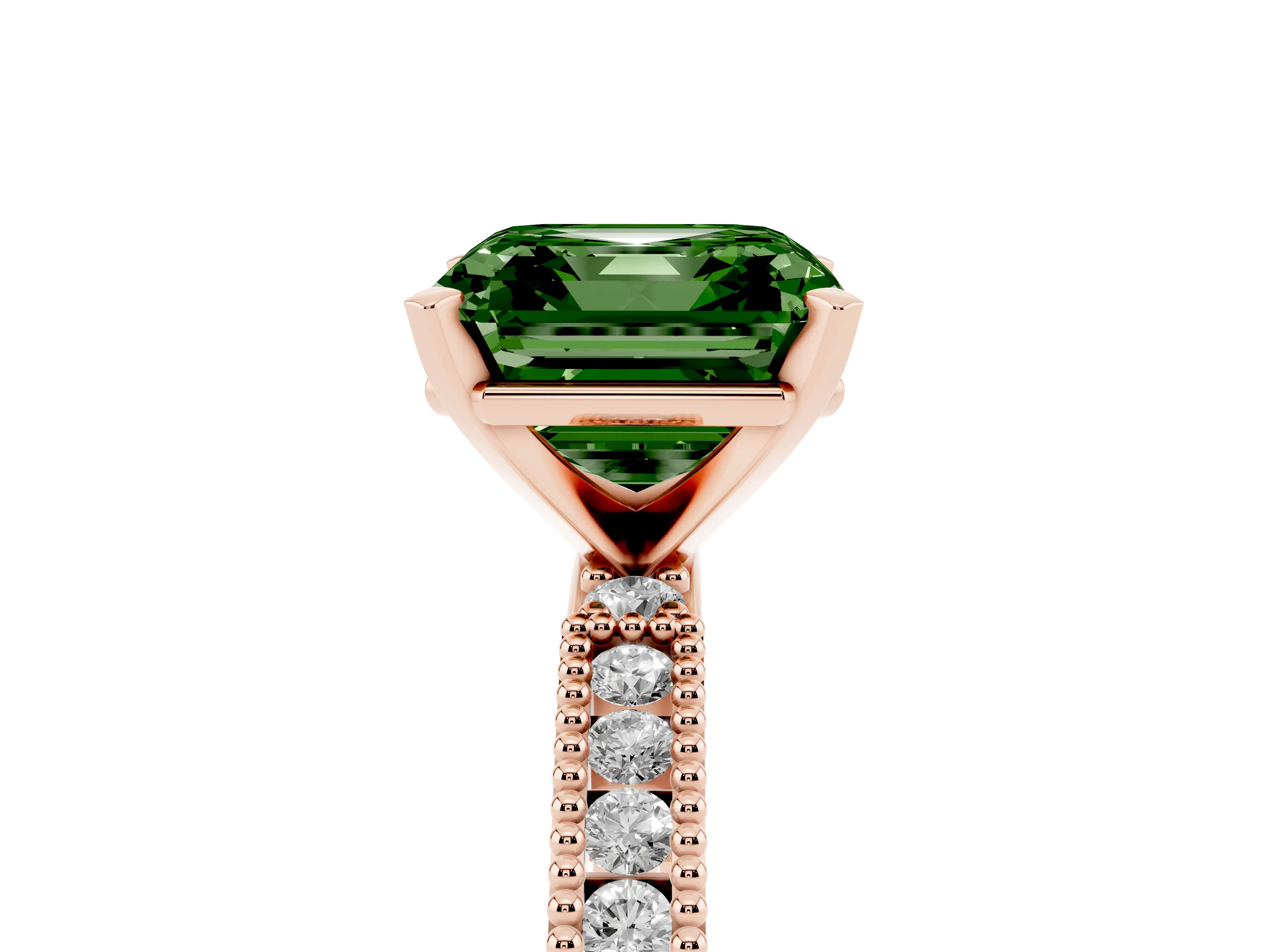Fancy Green Asscher Cut Diamond Solitaire Ring Set in Rose gold with Slim Pavé Band and Prong Setting