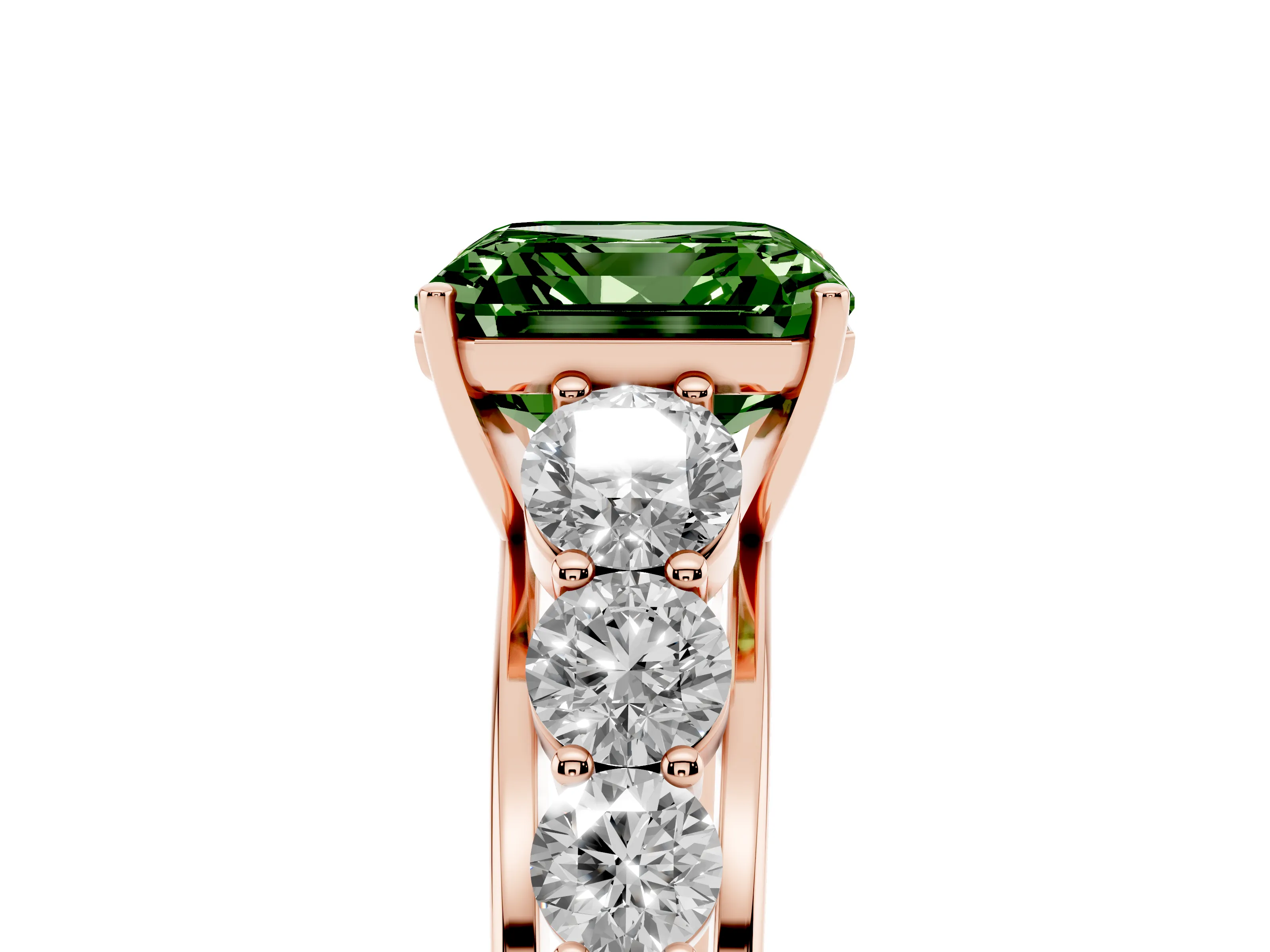 Fancy Green Asscher Cut Diamond Solitaire Ring Set in Rose gold with Pavé-Set Band and Prong Setting