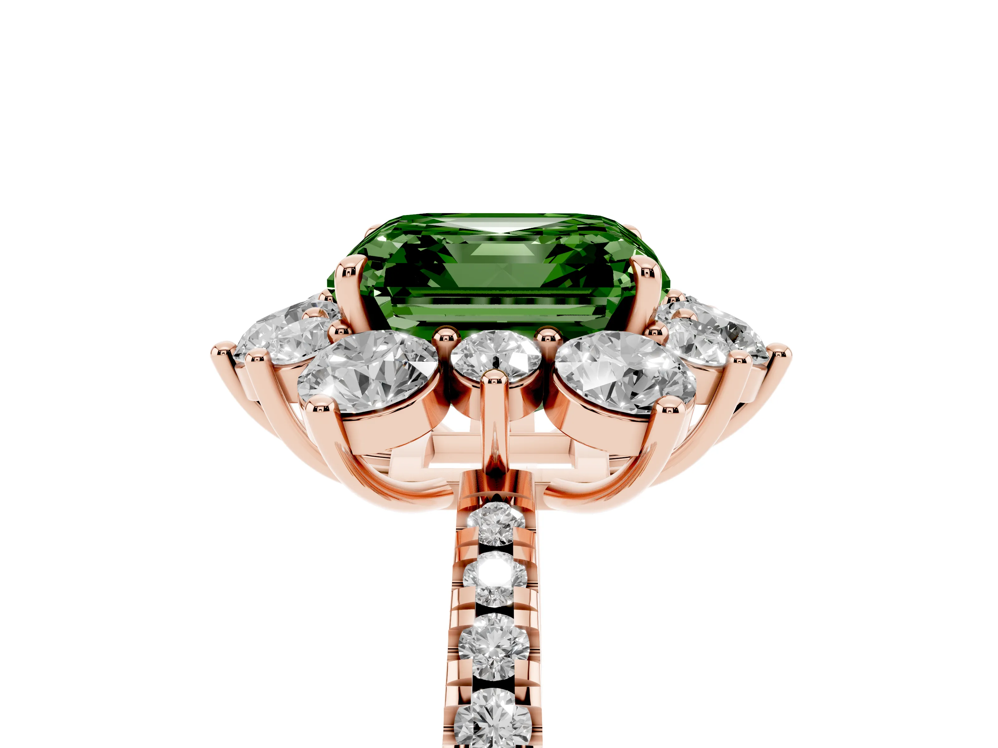 Fancy Green Asscher Cut Diamond Floral Halo Ring Set in Rose gold with Round Pavé Band and Prong Setting