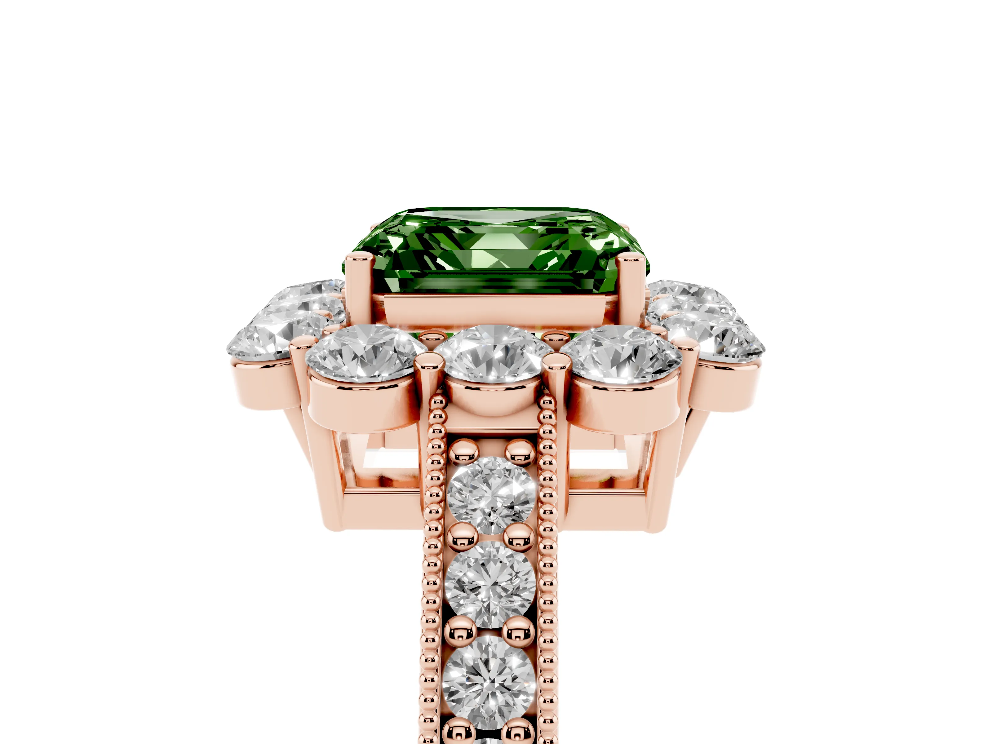 Fancy Green Asscher Cut Diamond Halo Pavé Engagement Ring Set in Rose gold with Milgrain Detailing
