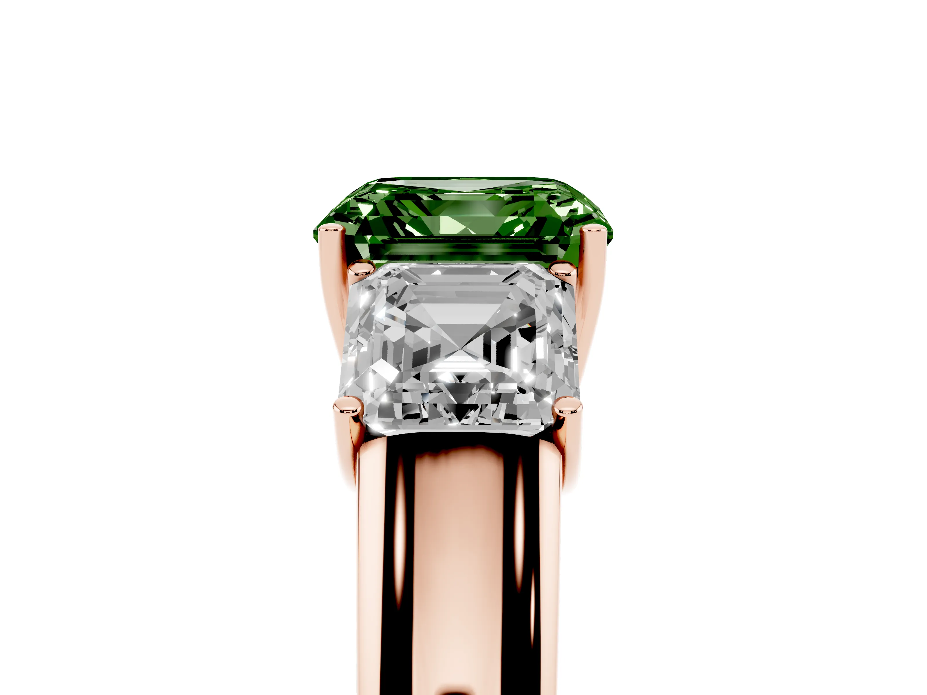 Fancy Green Three-Stone Asscher Cut Diamond Ring Set in Rose gold with Matching Prong Settings and Plain Band