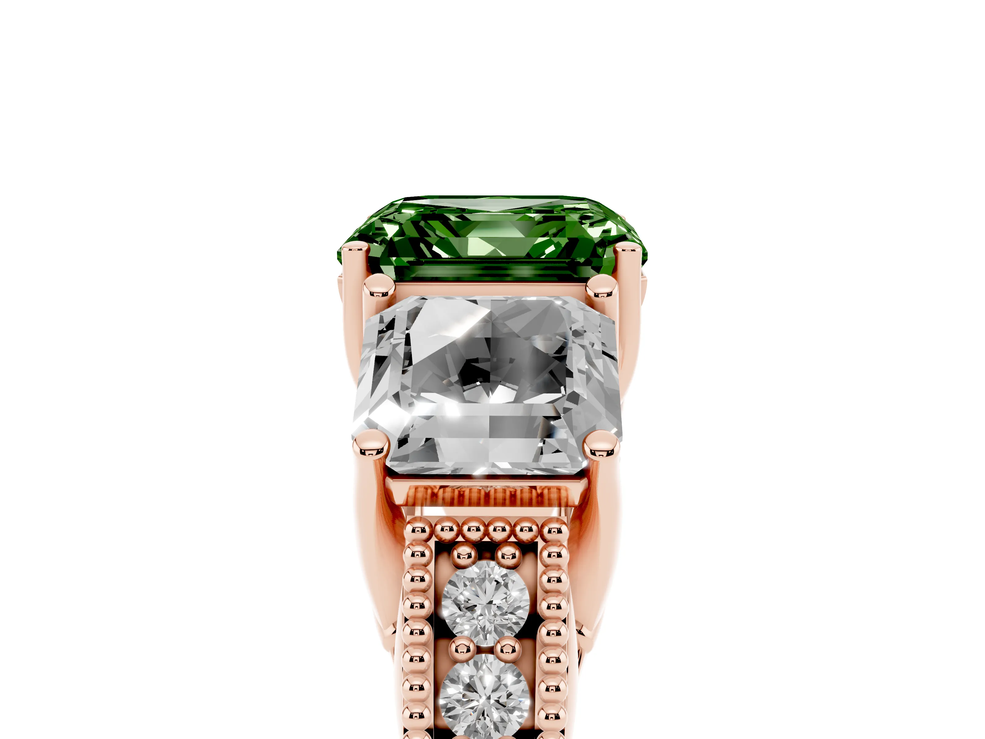 Fancy Green Asscher Cut Diamond Three-Stone Engagement Ring Set in Rose gold with Milgrain Pavé Band