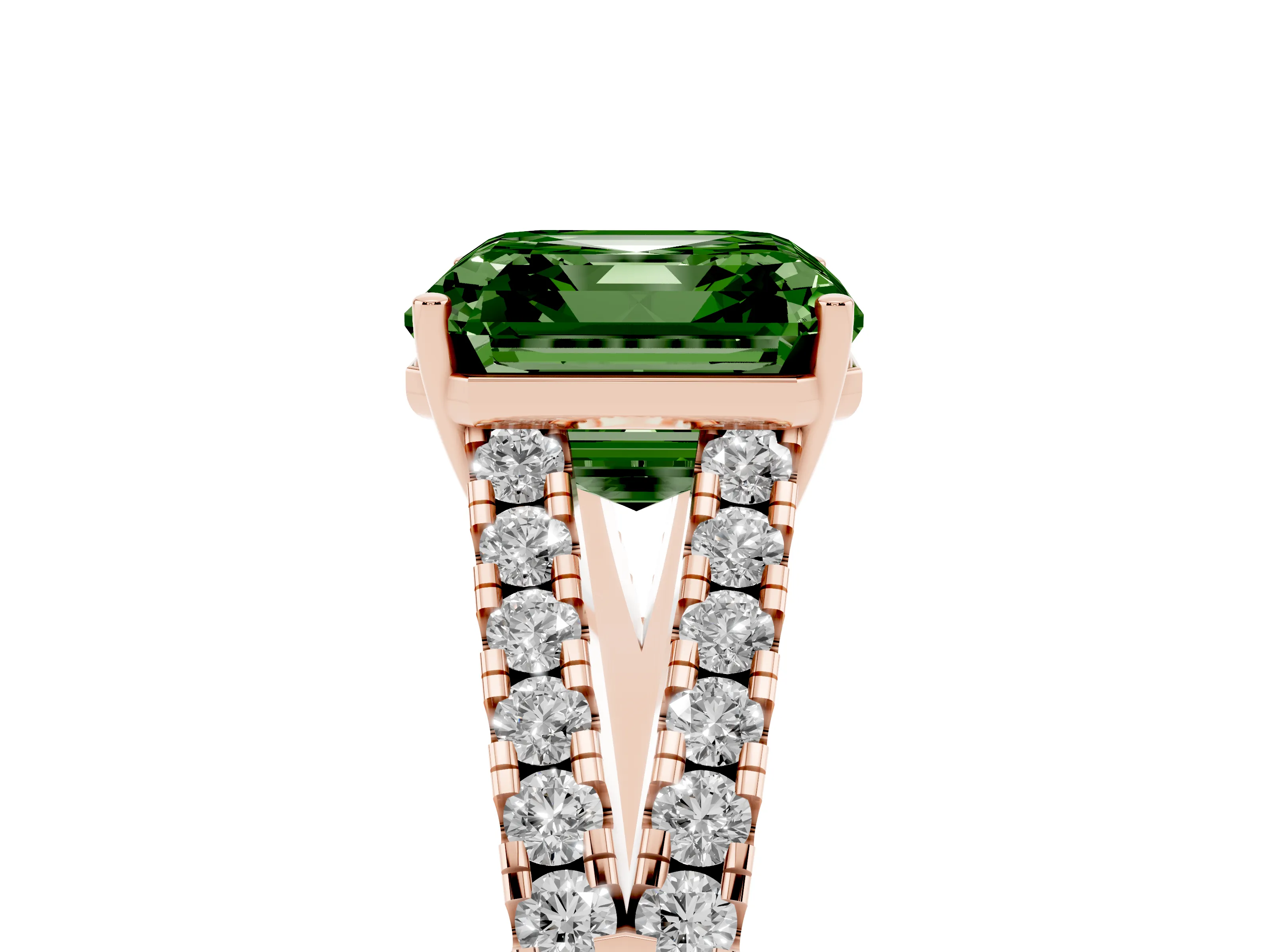 Fancy Green Asscher Cut Diamond Split Shank Engagement Ring Set in Rose gold with Round Pavé and Prong Setting