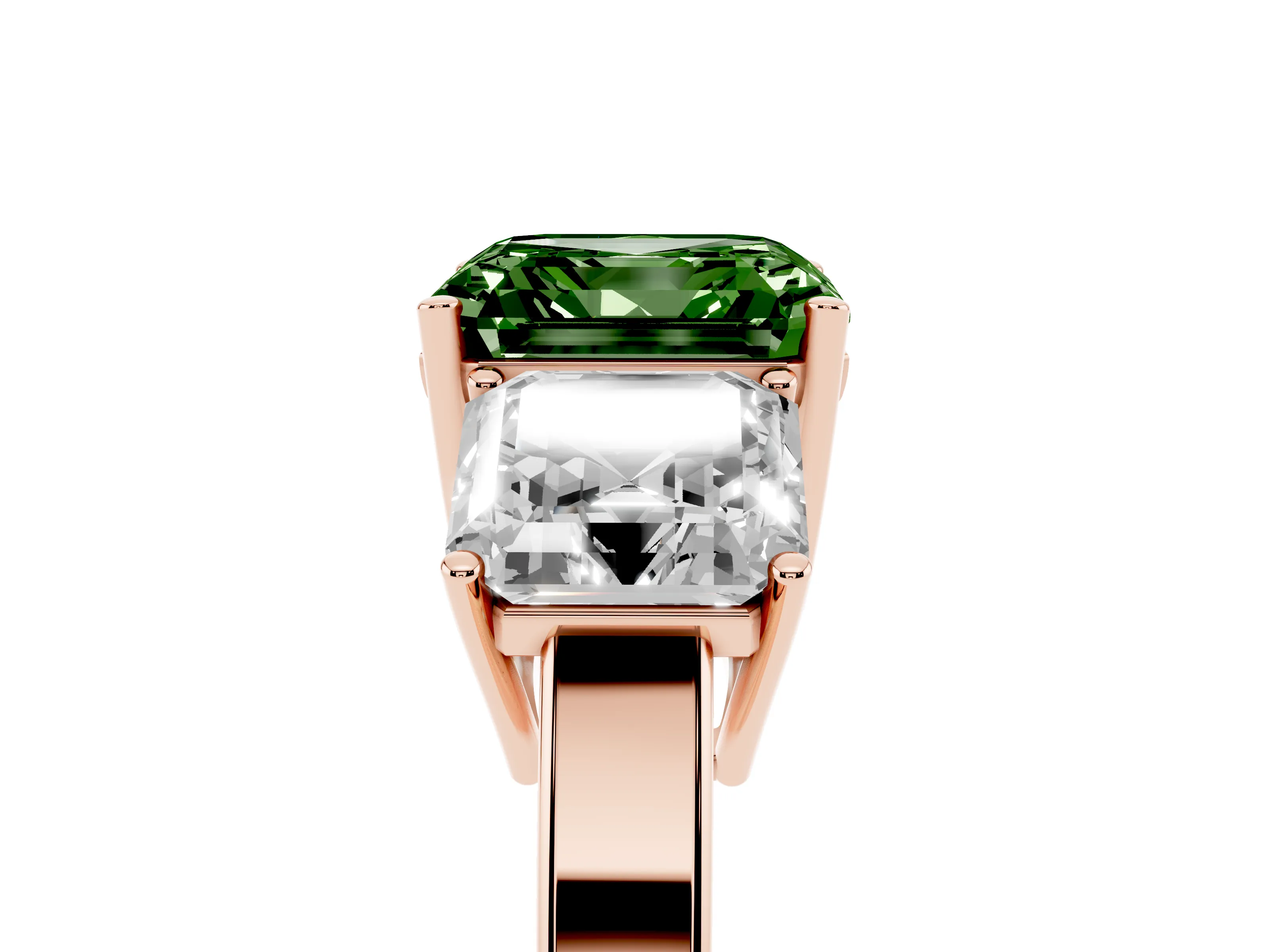 Fancy Green Asscher Cut Diamond Three-Stone Engagement Ring Set in Rose gold with Flat Band