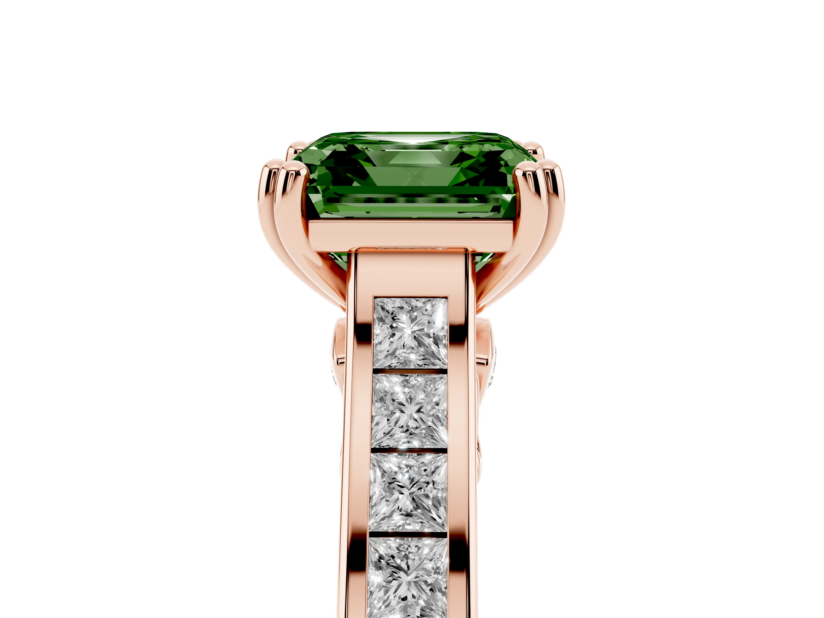 Fancy Green Asscher Cut Diamond Channel Set Solitaire Engagement Ring Set in Rose gold with Prong Setting