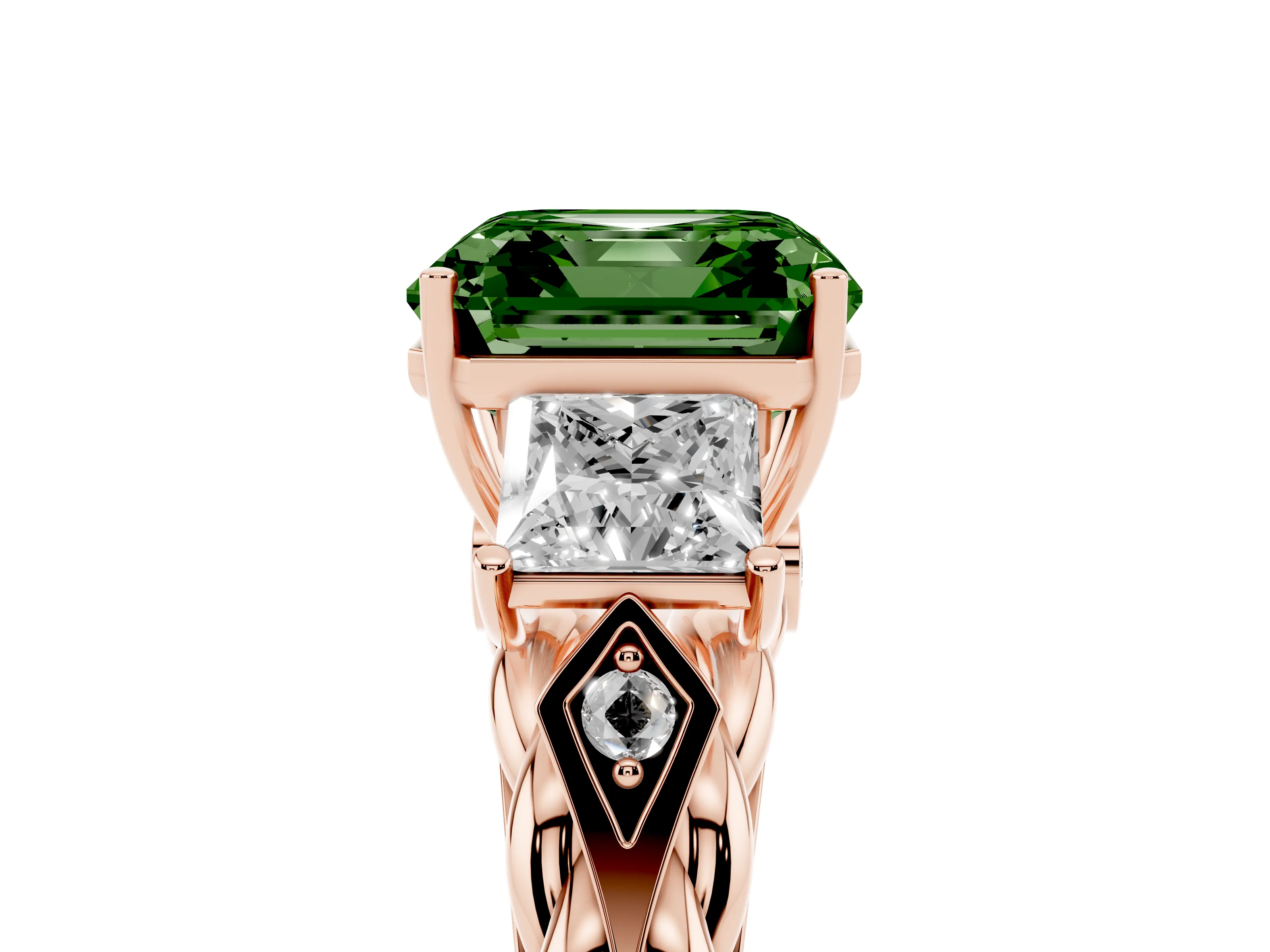 Fancy Green Asscher Cut Diamond Three-Stone Ring Set in Rose gold with Braided Band