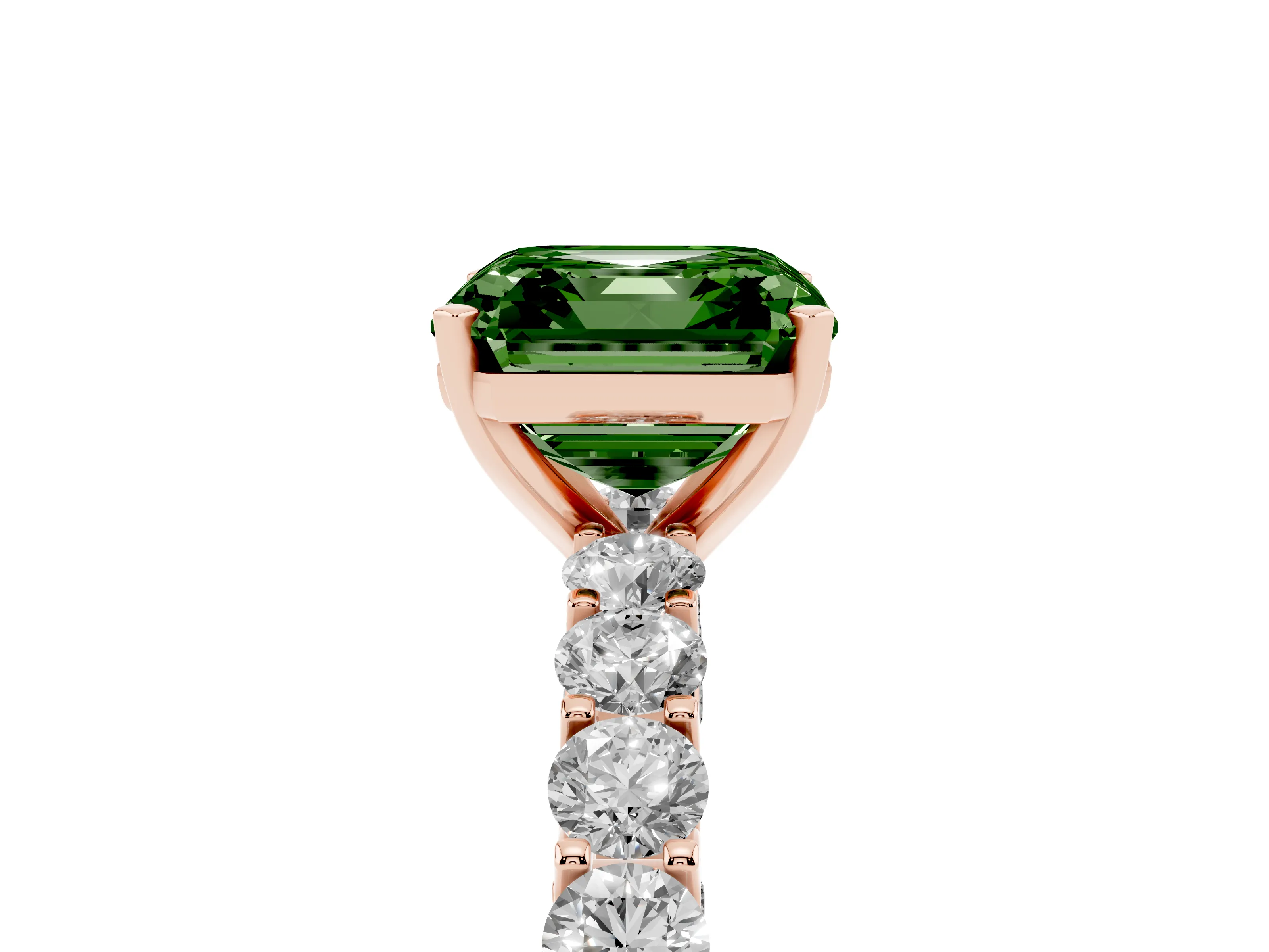 Fancy Green Asscher Cut Diamond Solitaire Ring Set in Rose gold with Shared Prong Pavé Band