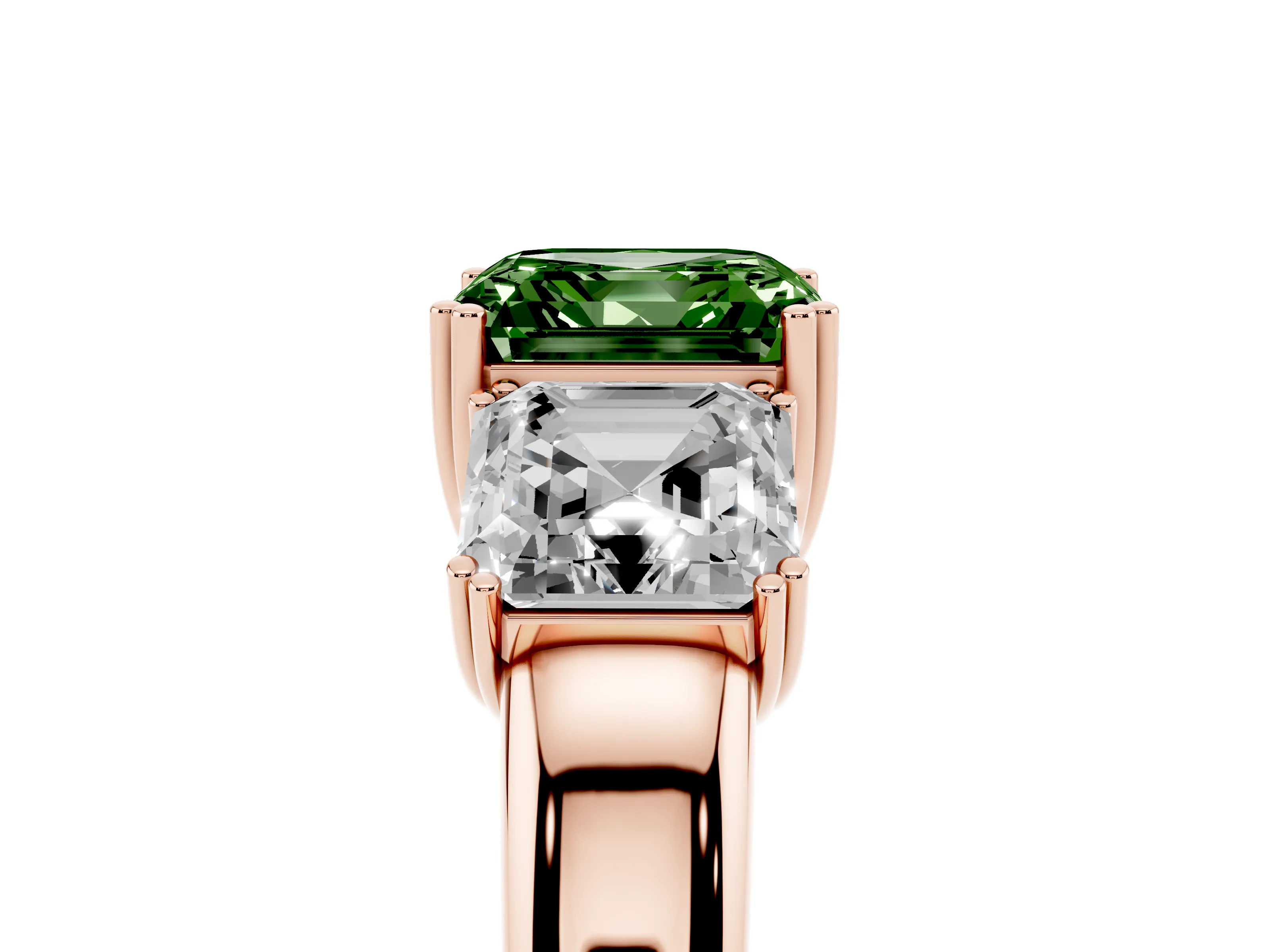 Fancy Green Asscher Cut Diamond Three-Stone Ring Set in Rose gold with Polished Band and Prong Setting