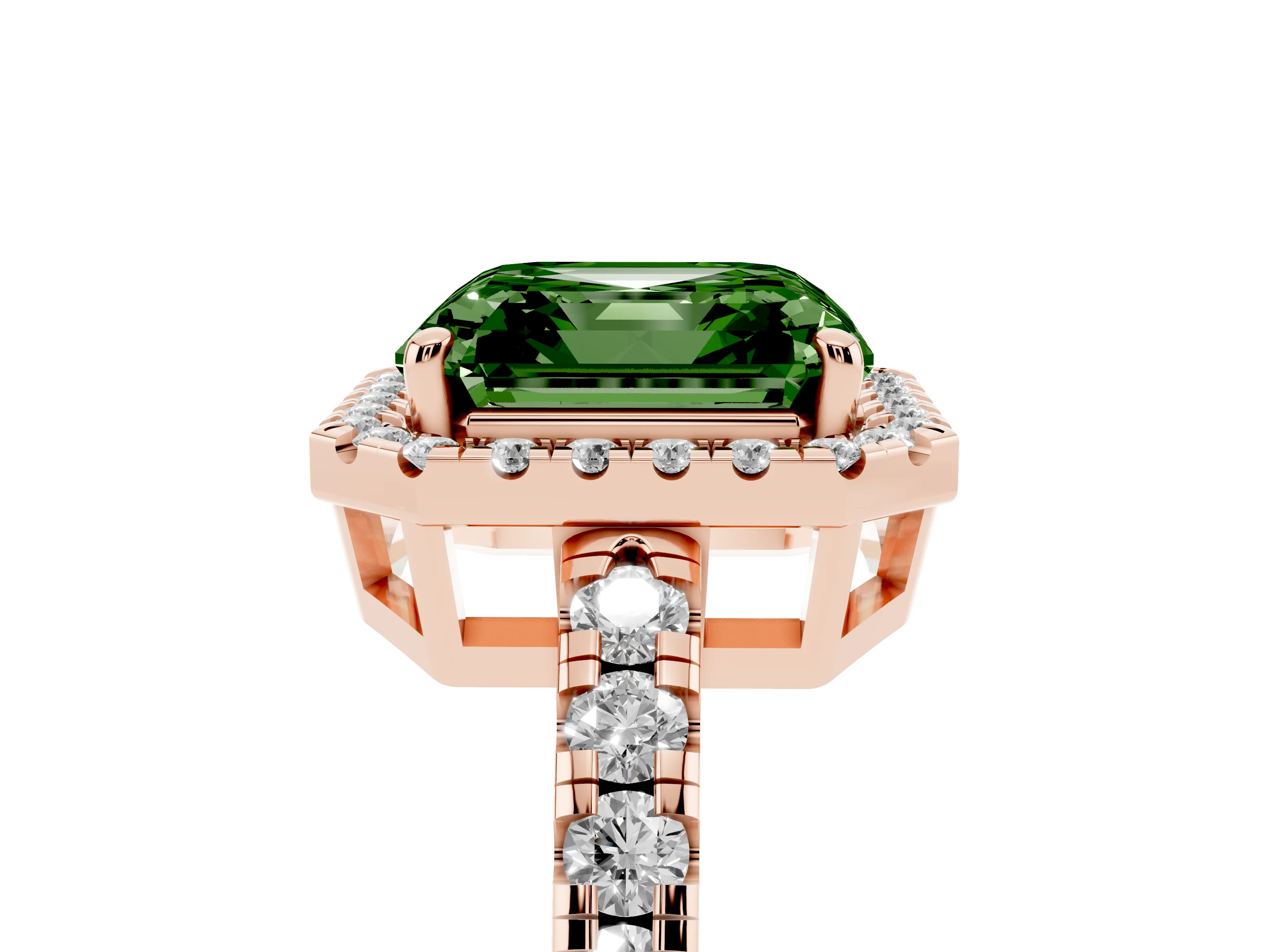 Fancy Green Asscher Cut Diamond Halo Ring Set in Rose gold with Delicate Pavé Band and Prong Setting