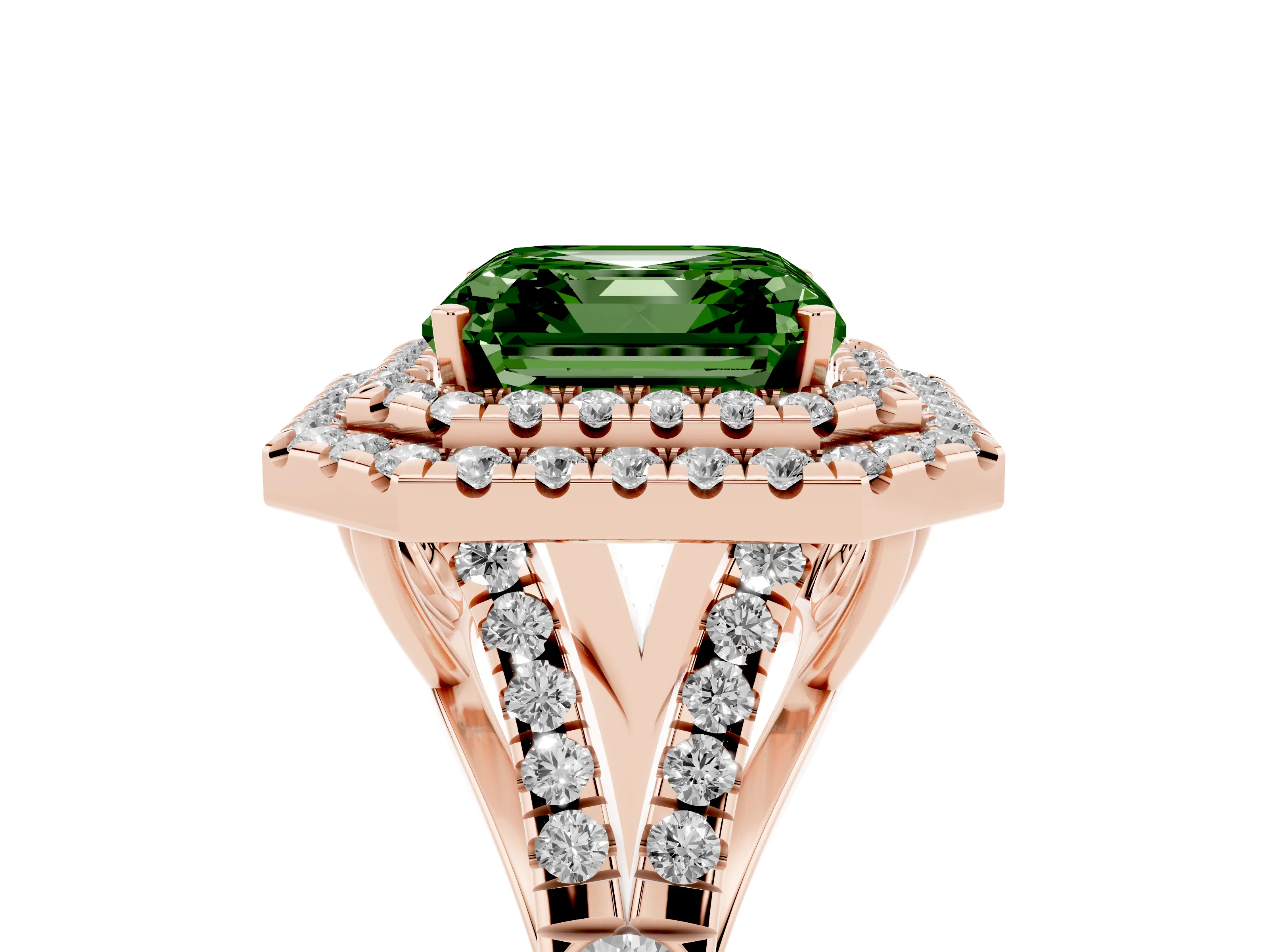 Fancy Green Asscher Cut Diamond Pavé Split Shank Double Halo Engagement Ring Set in Rose gold
