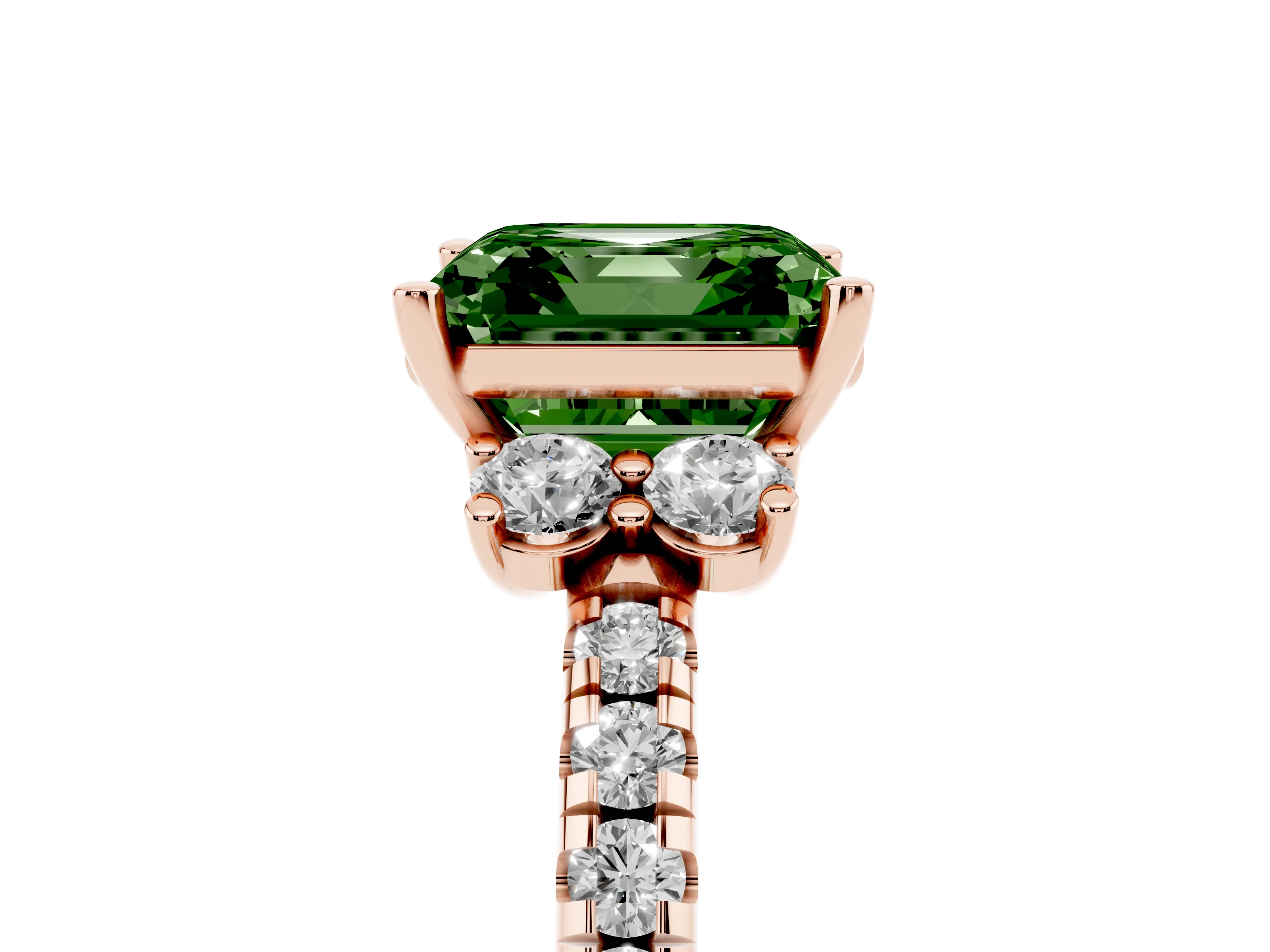 Fancy Green Asscher Cut Diamond Three-Stone Pavé Ring Set in Rose gold with Prong Setting