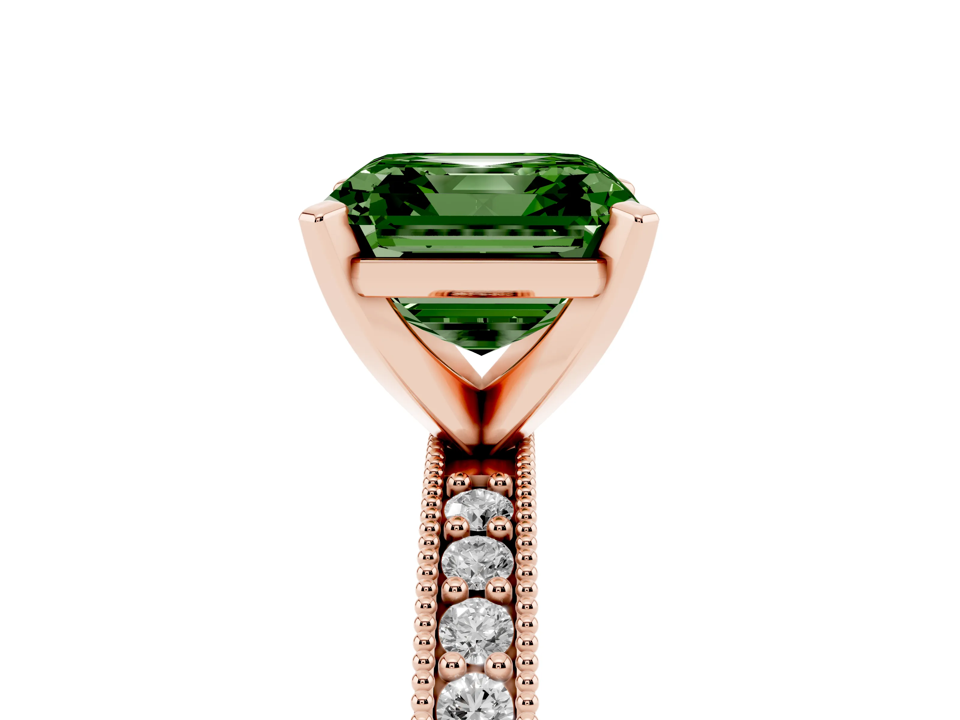 Fancy Green Asscher Cut Diamond Milgrain Pavé Engagement Ring Set in Rose gold with Prong Setting
