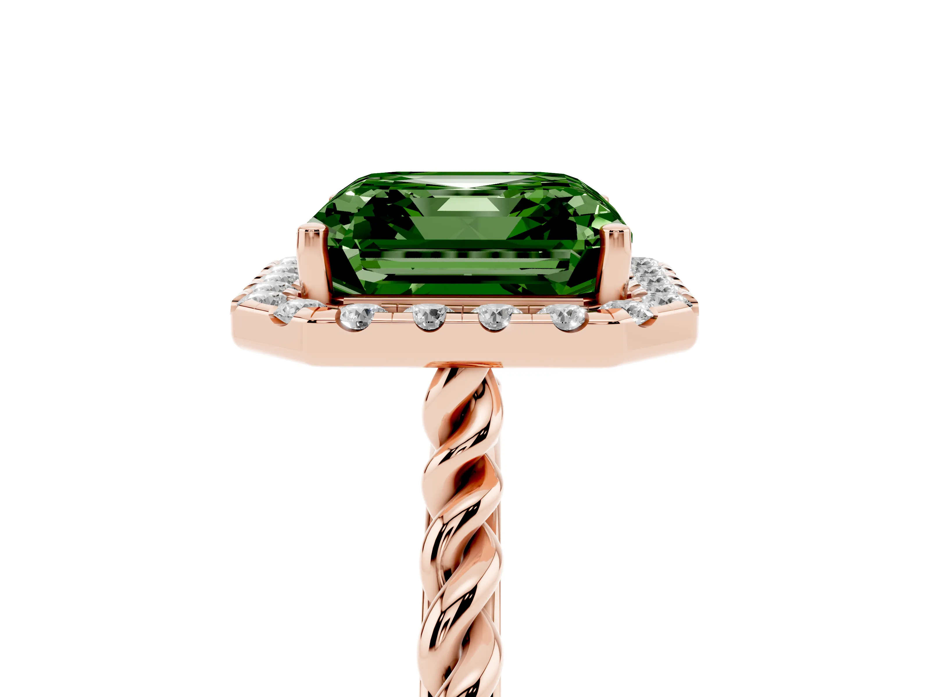 Fancy Green Asscher Cut Diamond Halo Ring Set in Rose gold with Plain Twisted Band