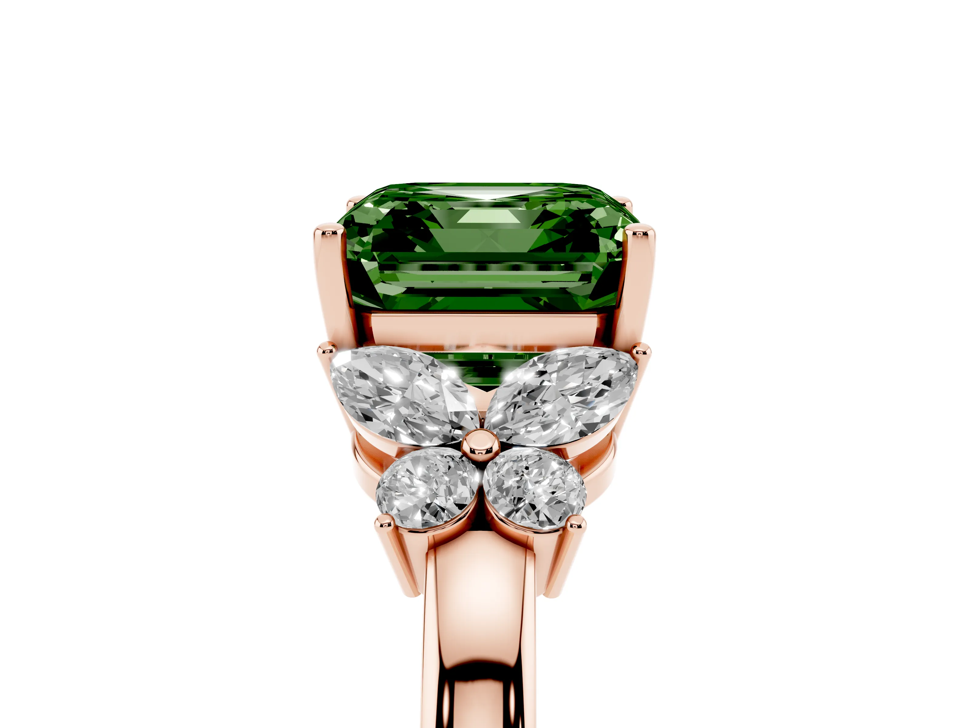 Fancy Green Asscher Cut Diamond Solitaire Floral Ring Set in Rose gold with Marquise Petals and Prong Setting