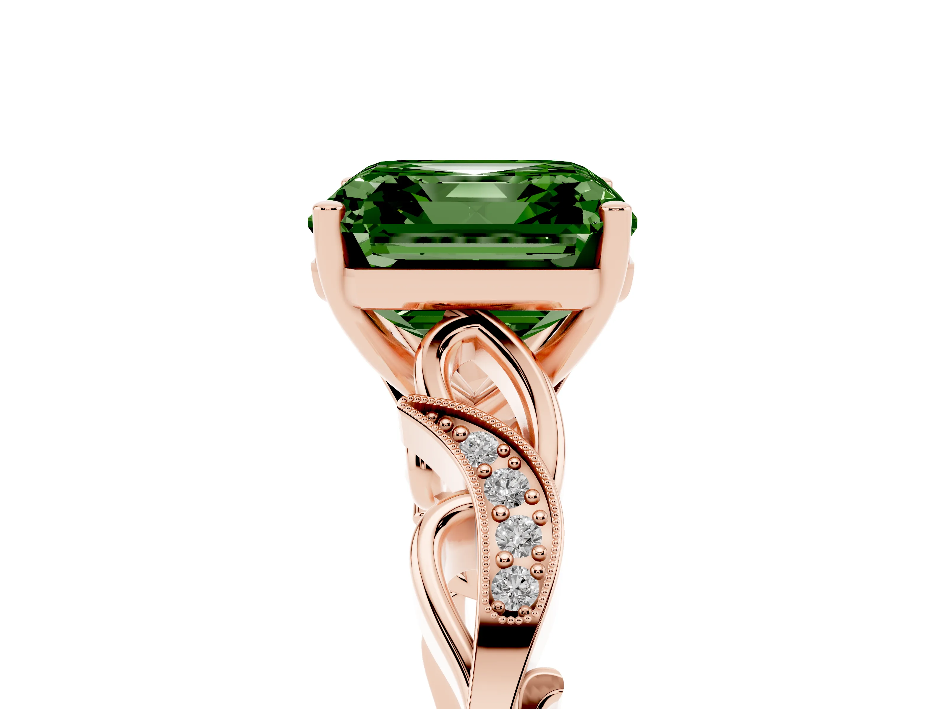 Fancy Green Asscher Cut Diamond Vine Band Solitaire Ring Set in Rose gold with Milgrain Prong Setting