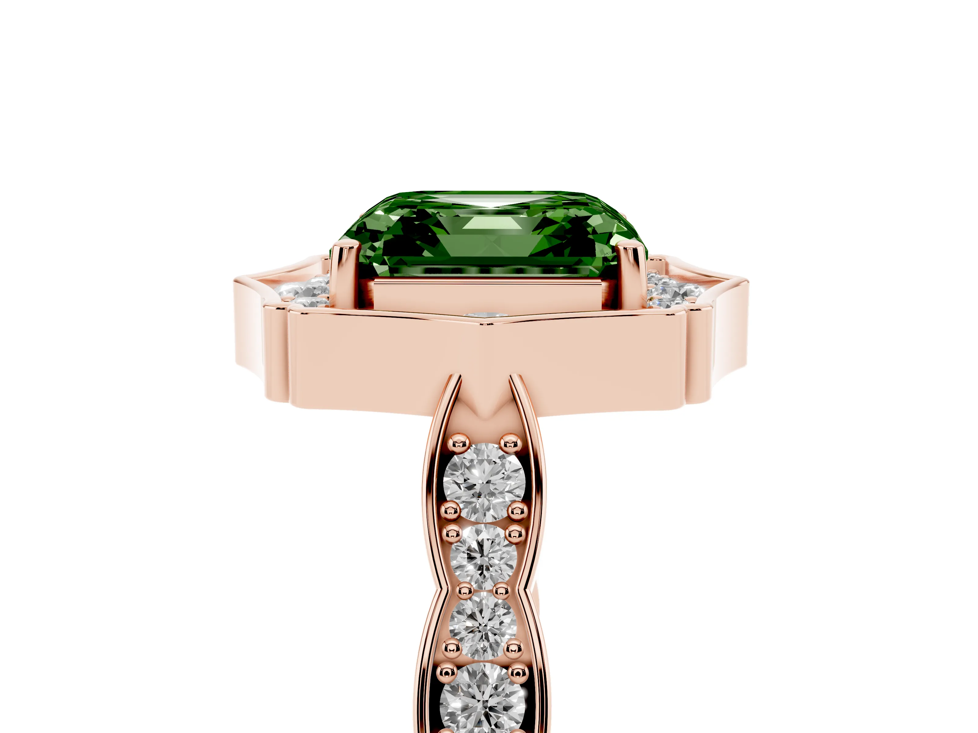 Fancy Green Asscher Cut Diamond Halo Engagement Ring Set in Rose gold with Milgrain Band and Prong Setting