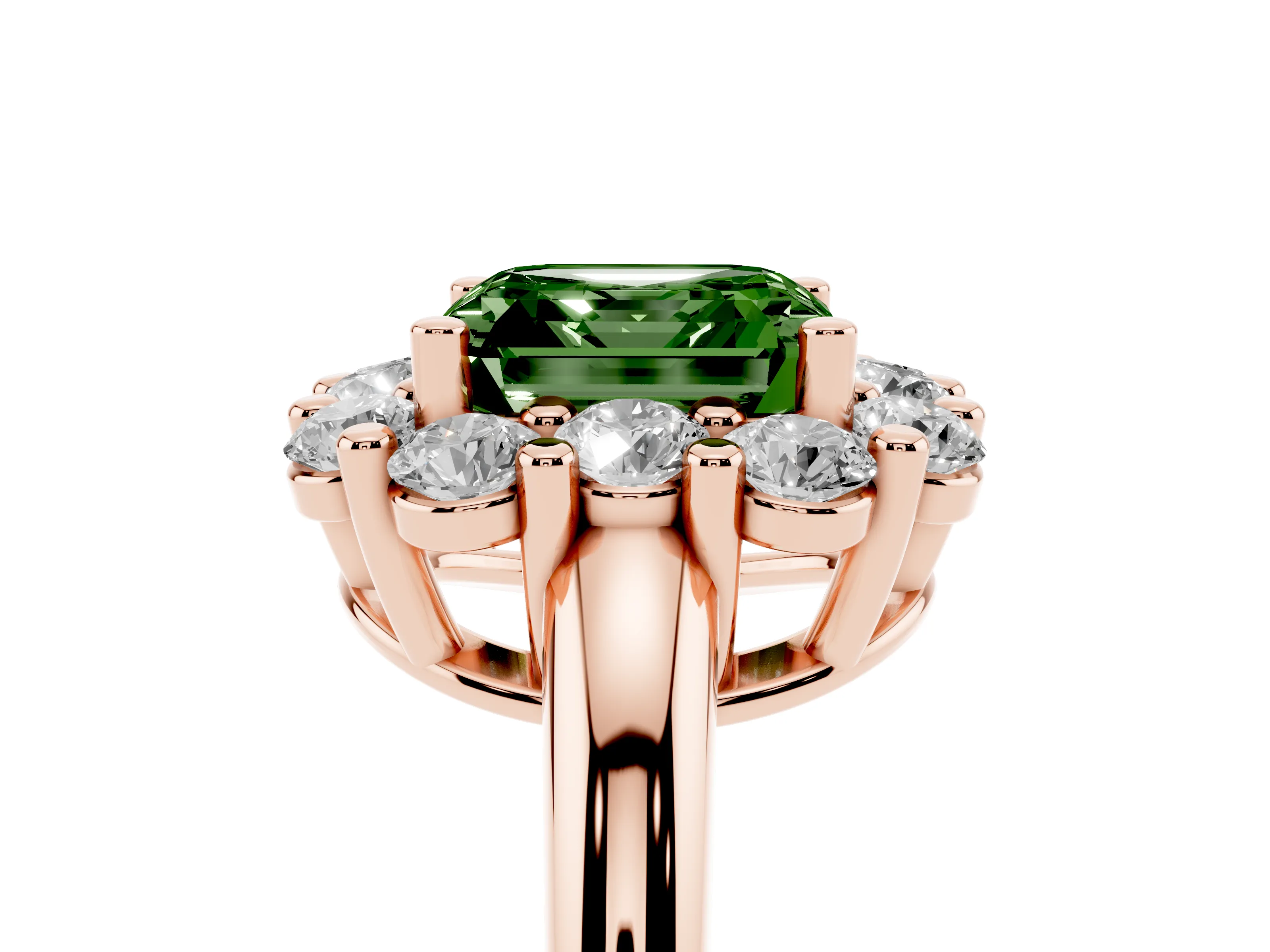 Fancy Green Asscher Cut Diamond Halo Cluster Engagement Ring Set in Rose gold with Polished Band and Prong Setting