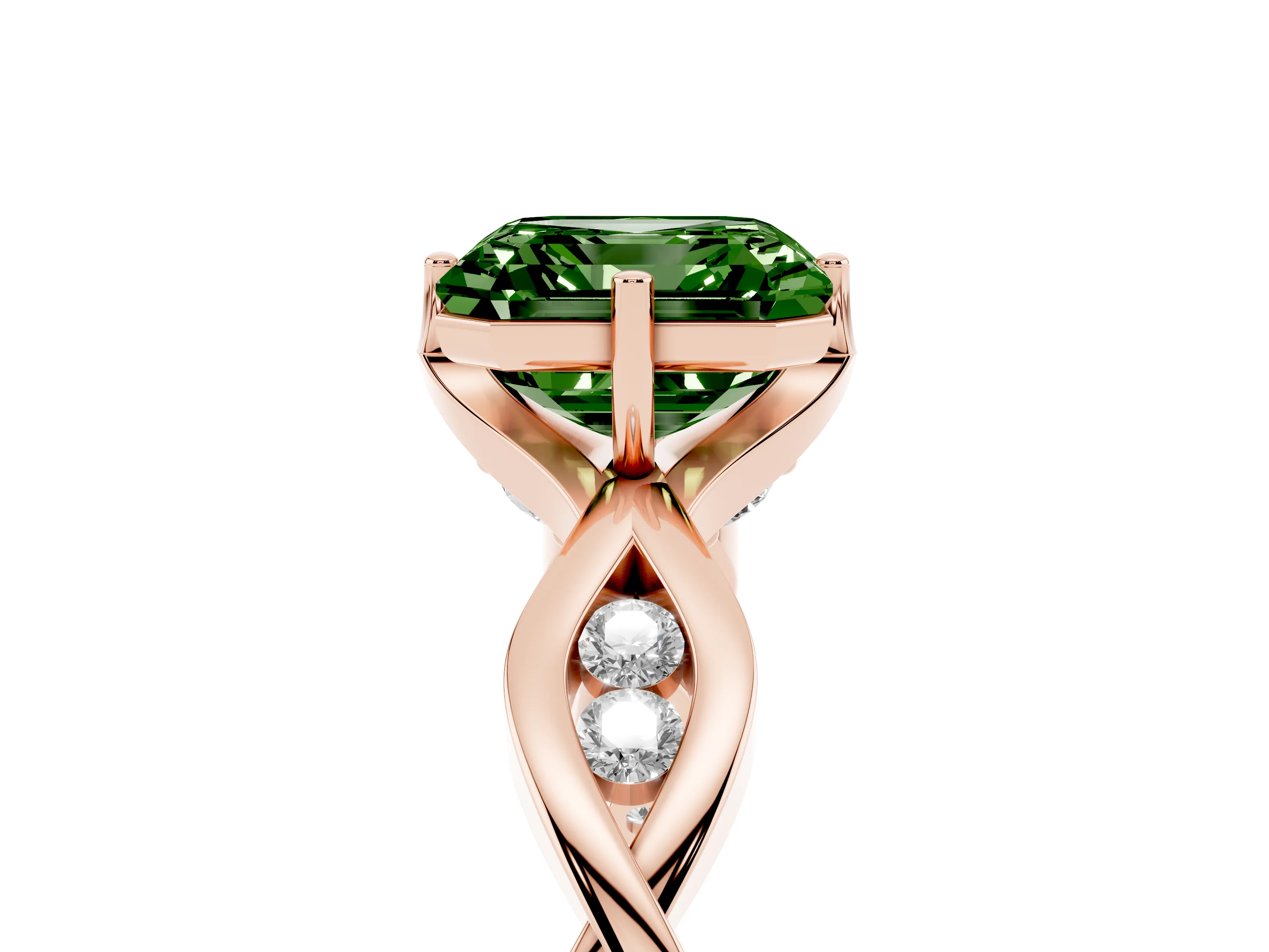 Fancy Green Asscher Cut Diamond Twist Band Solitaire Ring Set in Rose gold with Leaf Prong Setting and Accent Stones