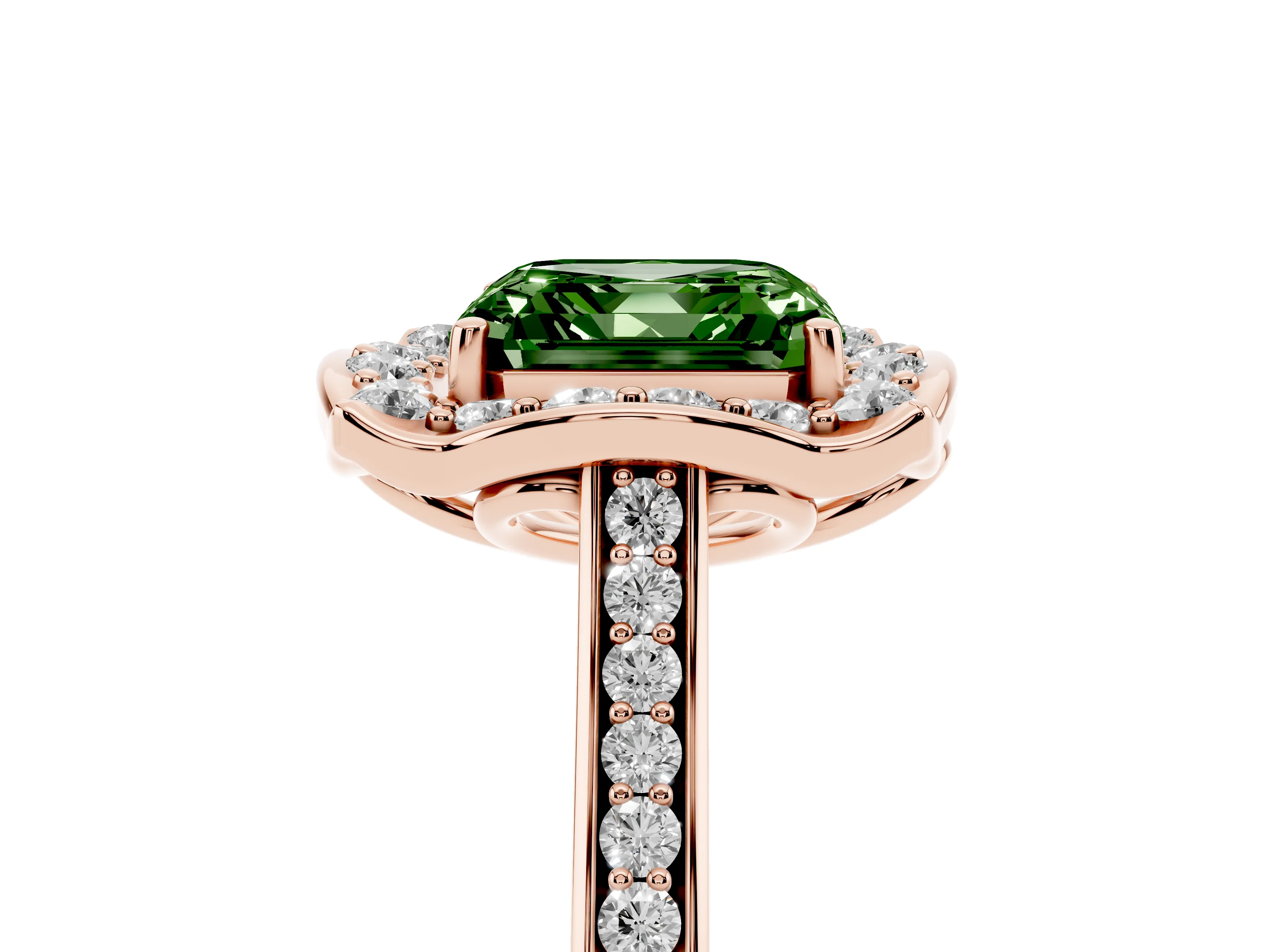 Fancy Green Asscher Cut Diamond Halo Ring Set in Rose gold with Pavé-Lined Shoulders and Prong Setting
