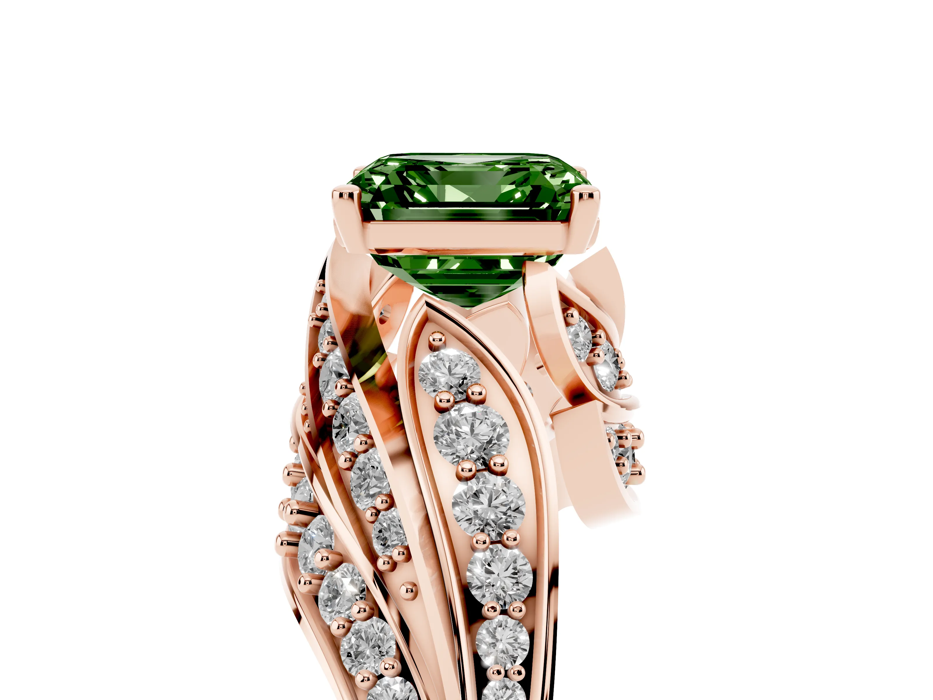 Fancy Green Asscher Cut Diamond Solitaire Ring Set in Rose gold with Layered Twist Pavé Band