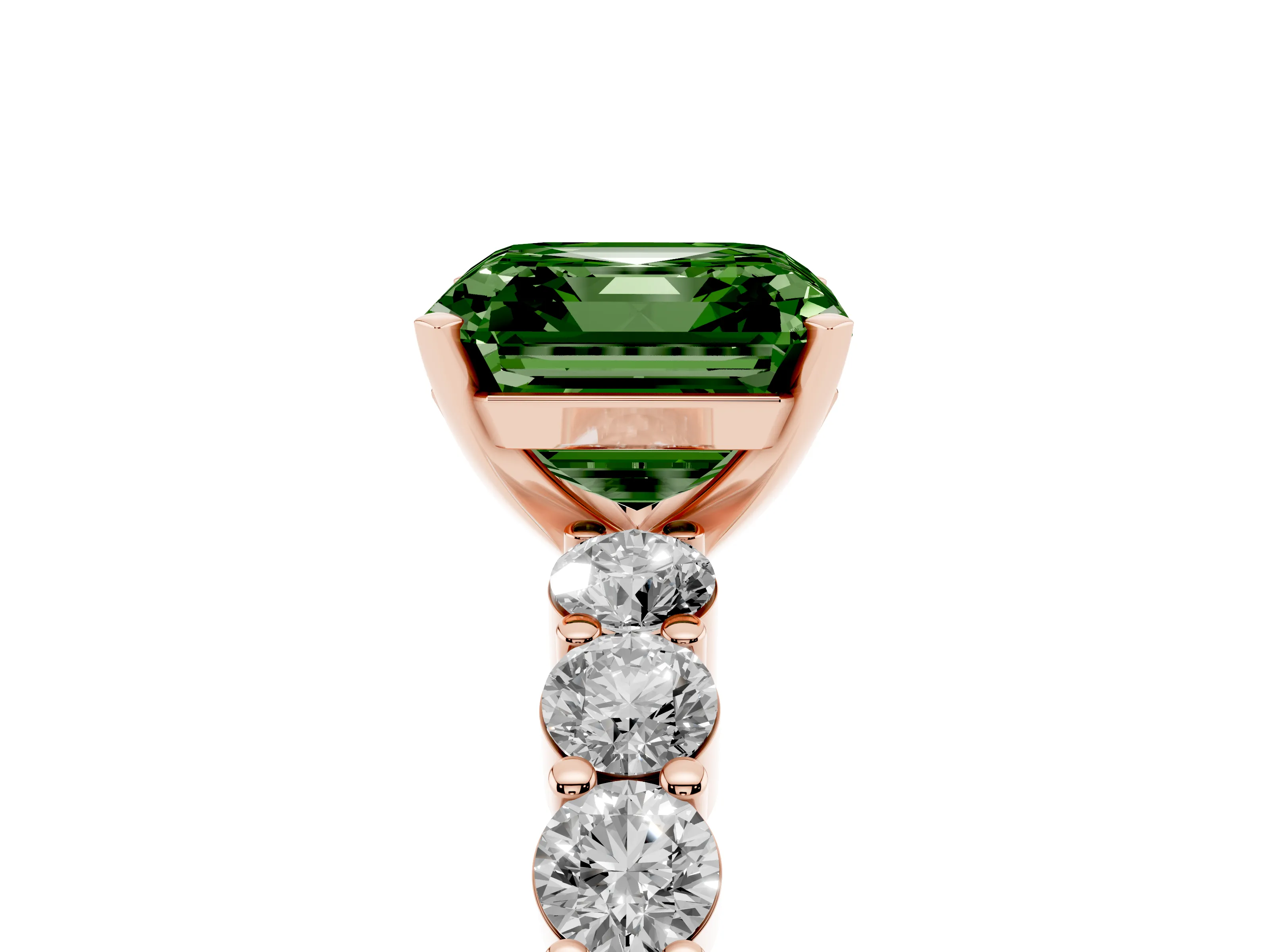 Fancy Green Asscher Cut Diamond Solitaire Ring Set in Rose gold with Shared Prong Round Side Stones