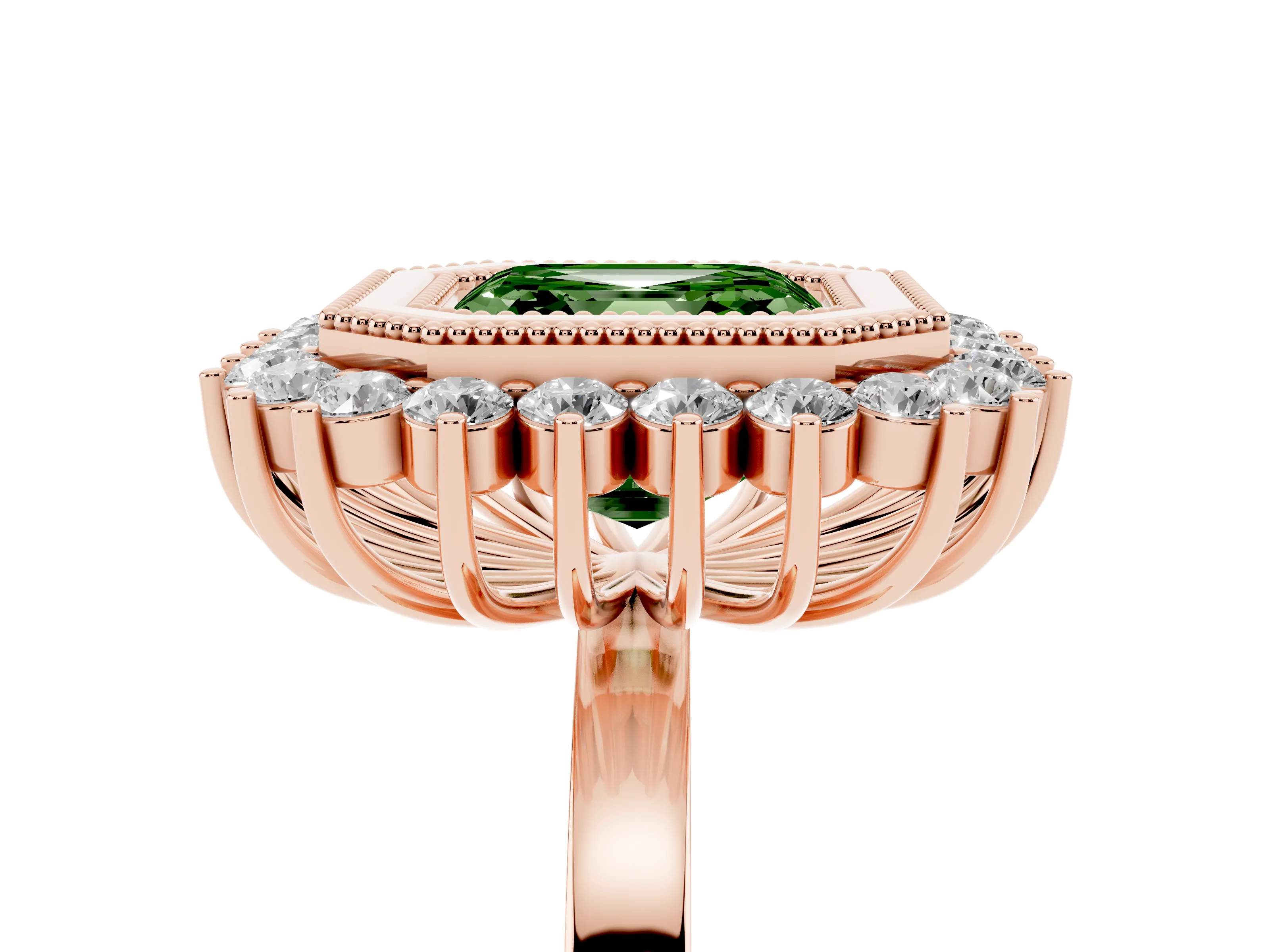 Fancy Green Asscher Cut Diamond Halo Ring Set in Rose gold with Milgrain Edge and Round Prong Setting