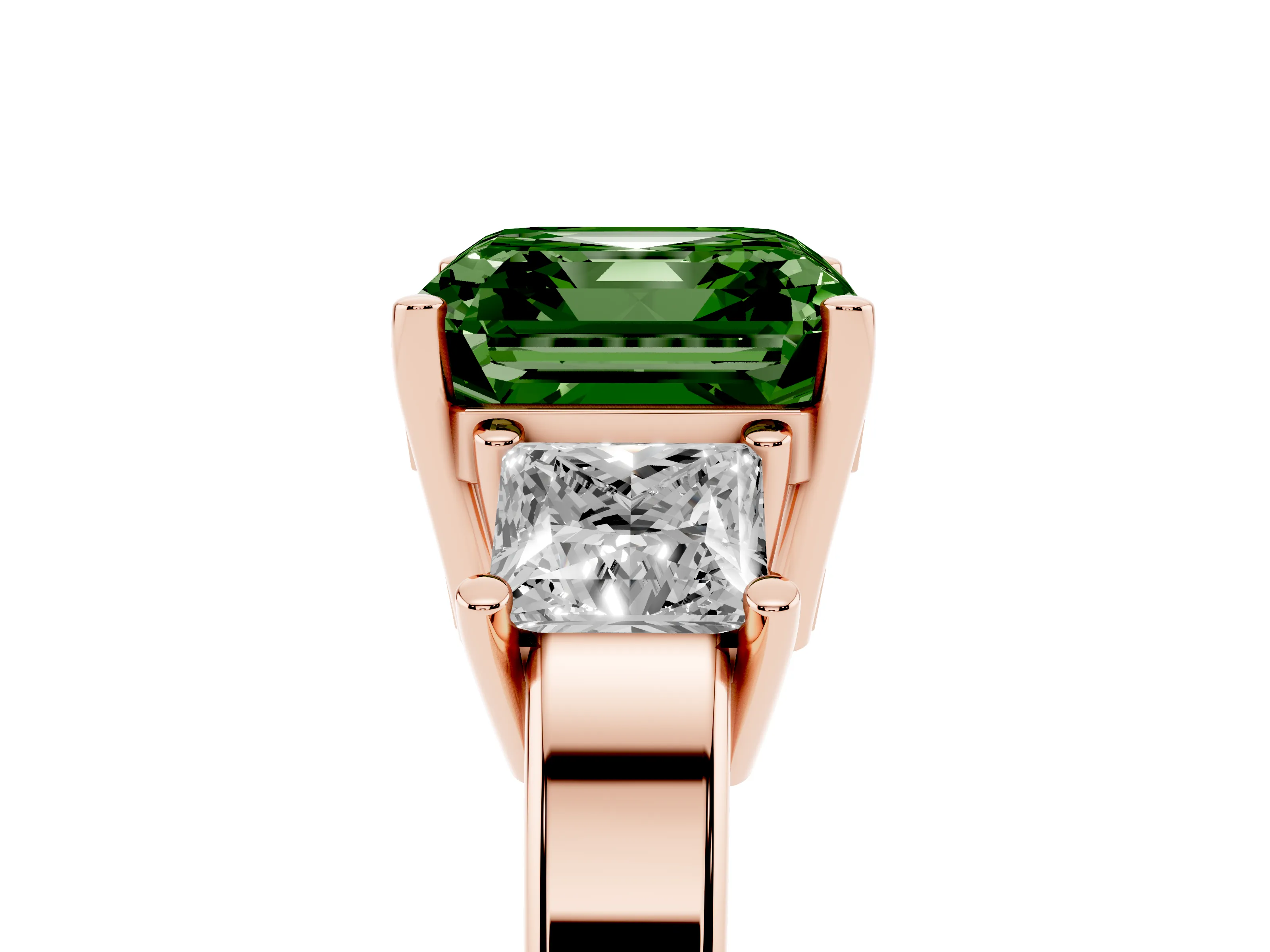 Fancy Green Three-Stone Asscher Cut Diamond Solitaire Ring Set in Rose gold with Prong Setting
