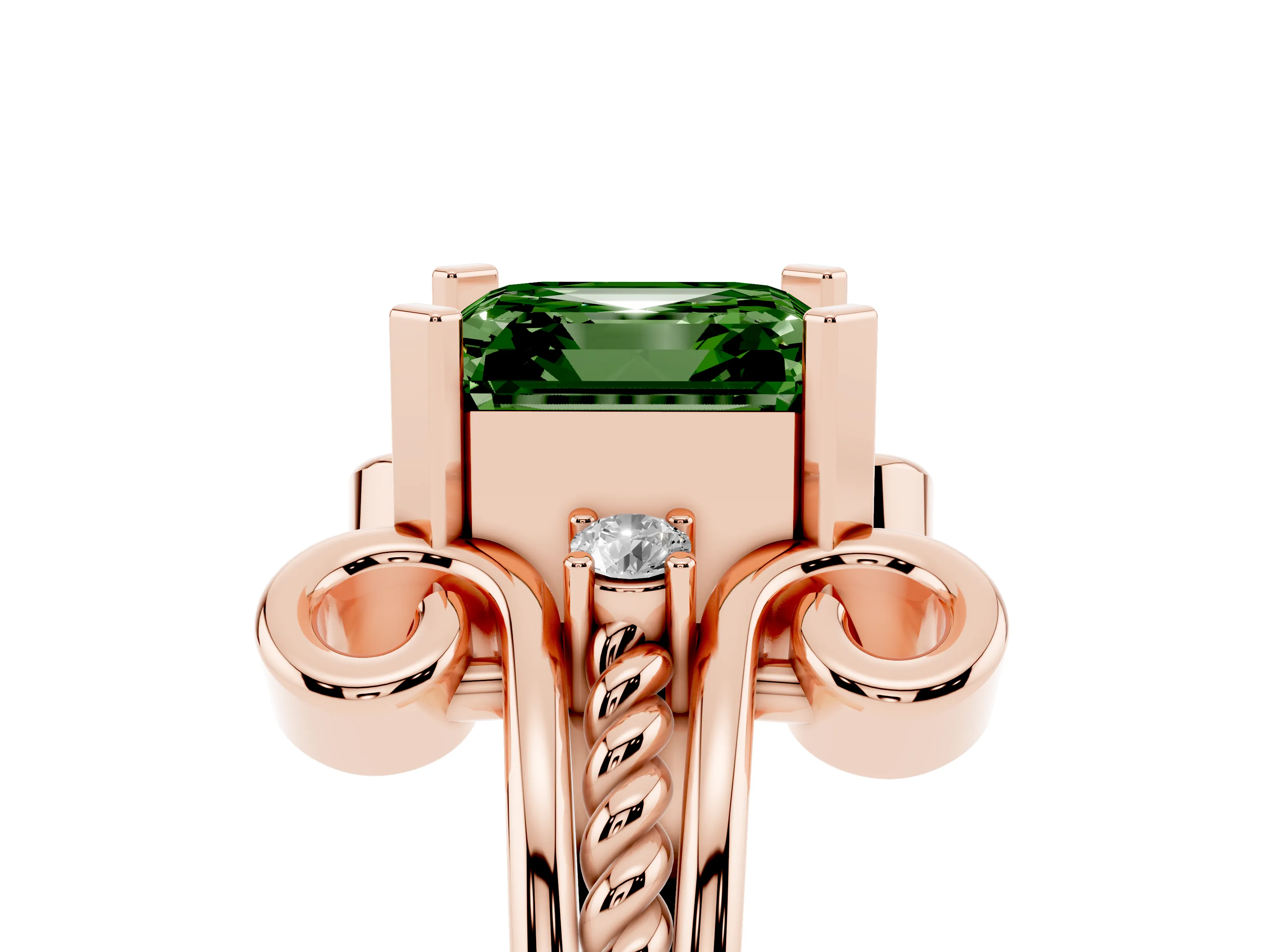 Fancy Green Asscher Cut Diamond Twisted Band Solitaire Ring Set in Rose gold with Scroll Prongs