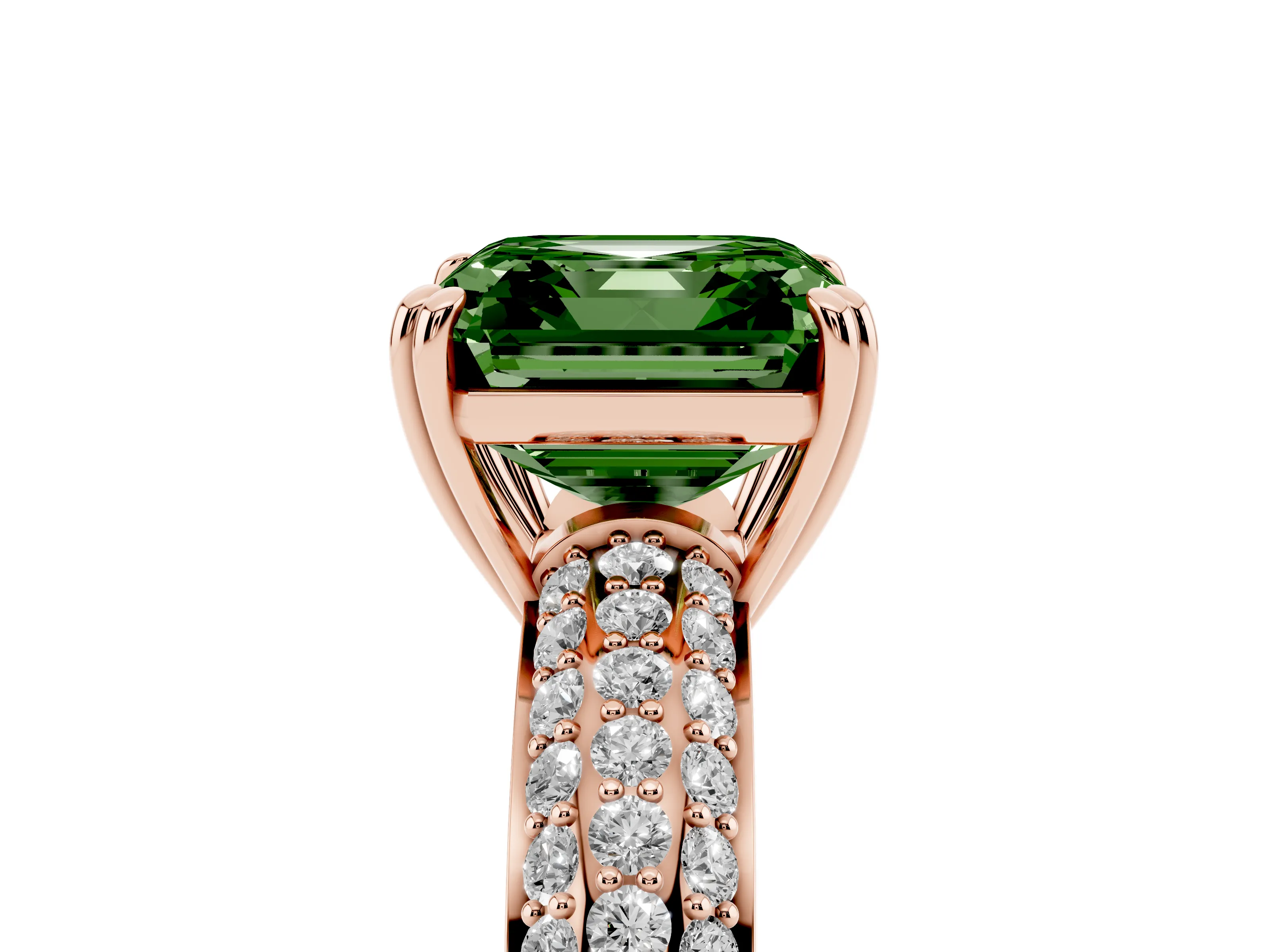 Fancy Green Asscher Cut Diamond Solitaire Ring Set in Rose gold with Multi-Row Round Pavé Band and Prong Setting