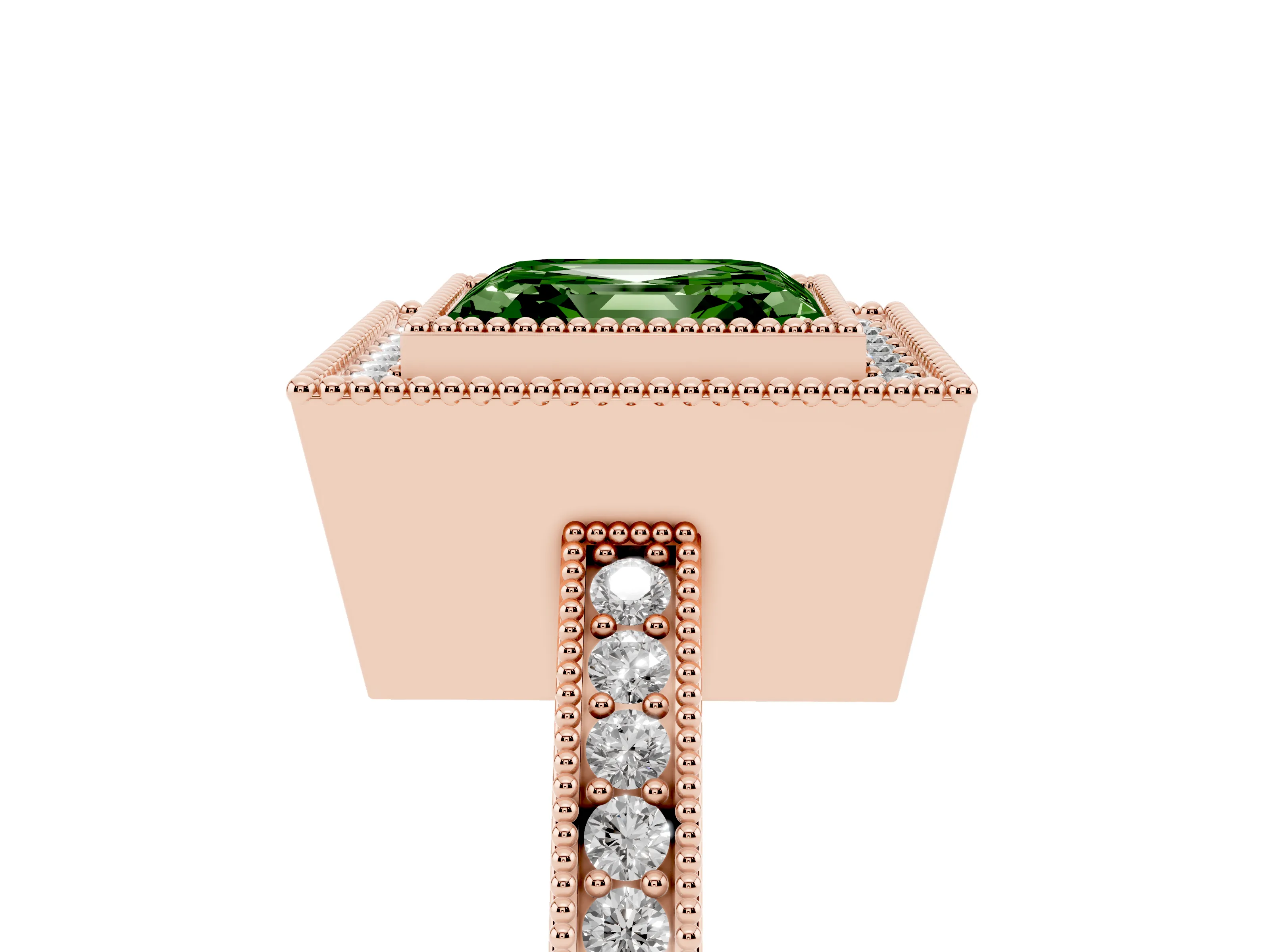 Fancy Green Asscher Cut Diamond Round Halo Ring Set in Rose gold with Pavé Band