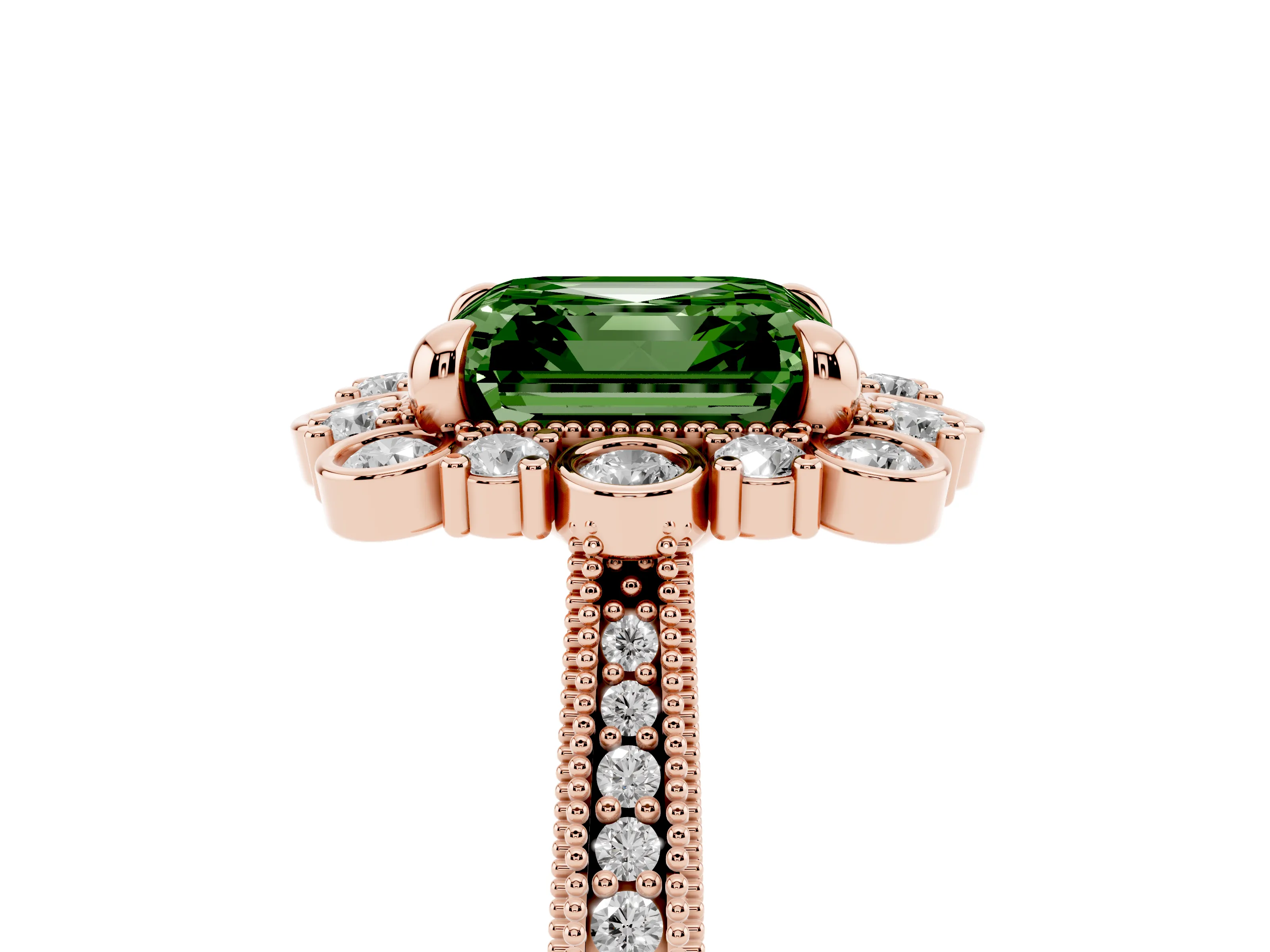 Fancy Green Asscher Cut Diamond Halo Milgrain Pavé Ring Set in Rose gold with Prong Setting