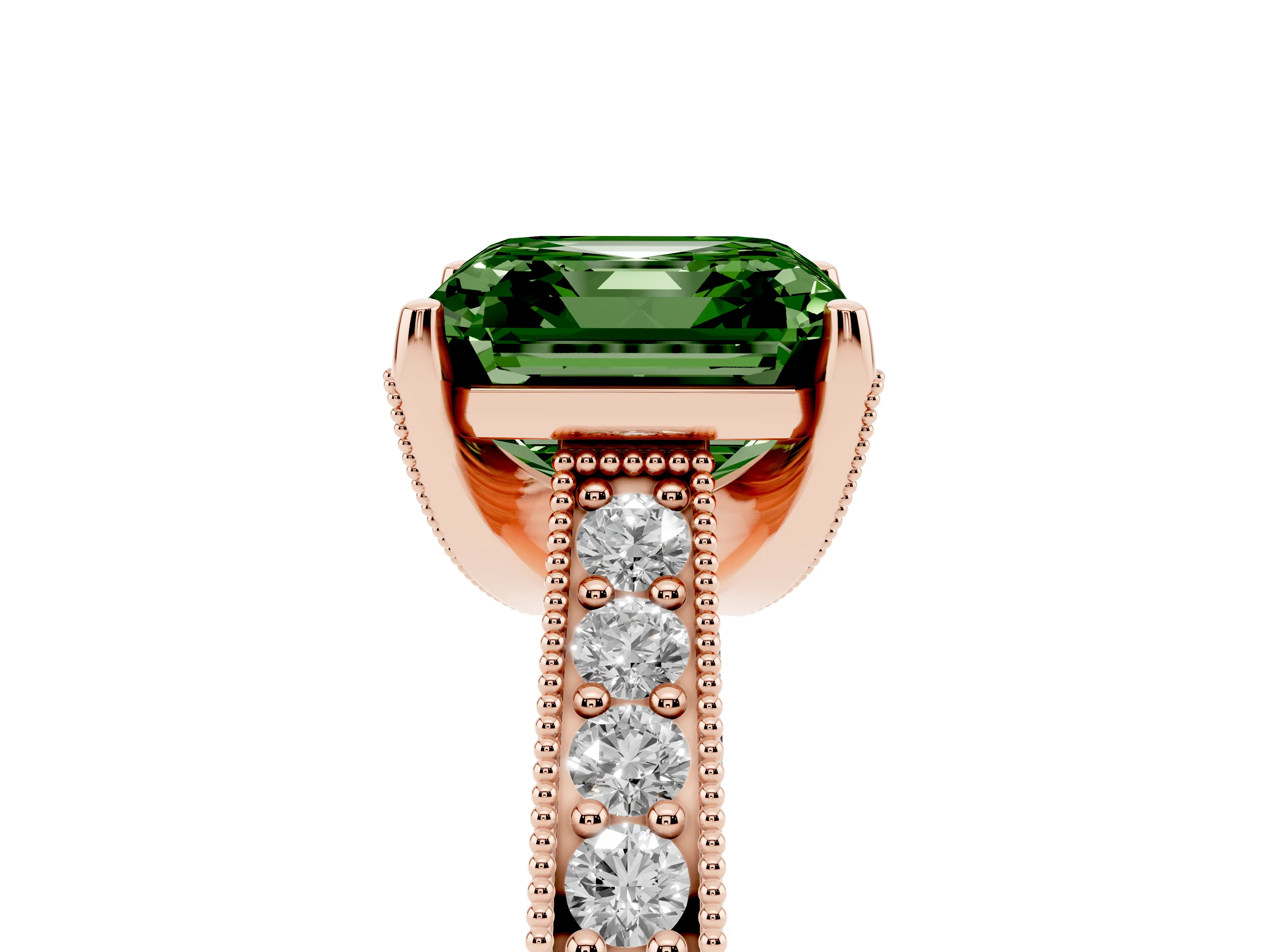 Fancy Green Asscher Cut Diamond Solitaire Ring Set in Rose gold with Milgrain-Edged Pavé Band and Prong Setting