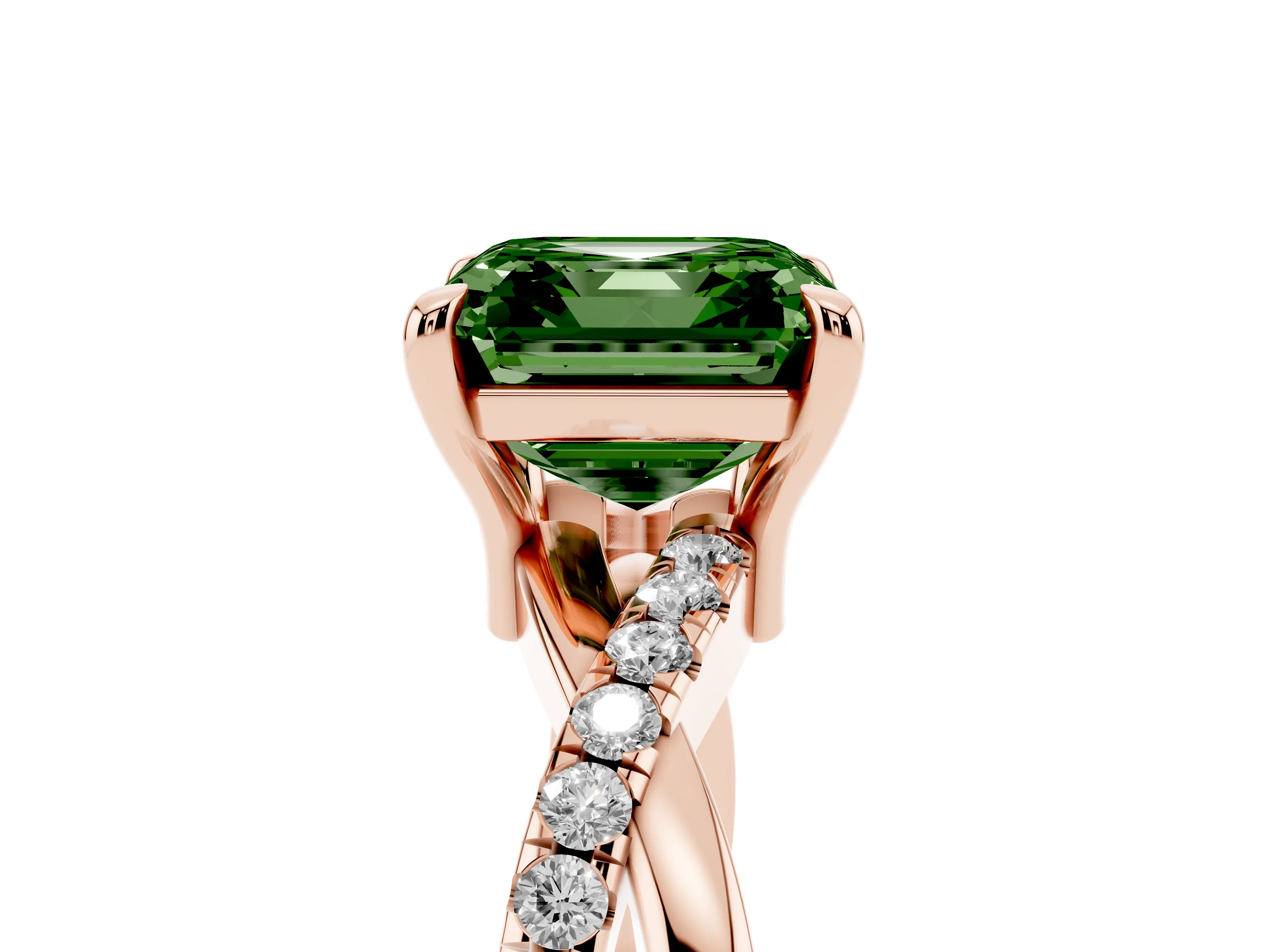 Fancy Green Asscher Cut Diamond Twist Band Pavé Solitaire Ring Set in Rose gold with Prong Setting