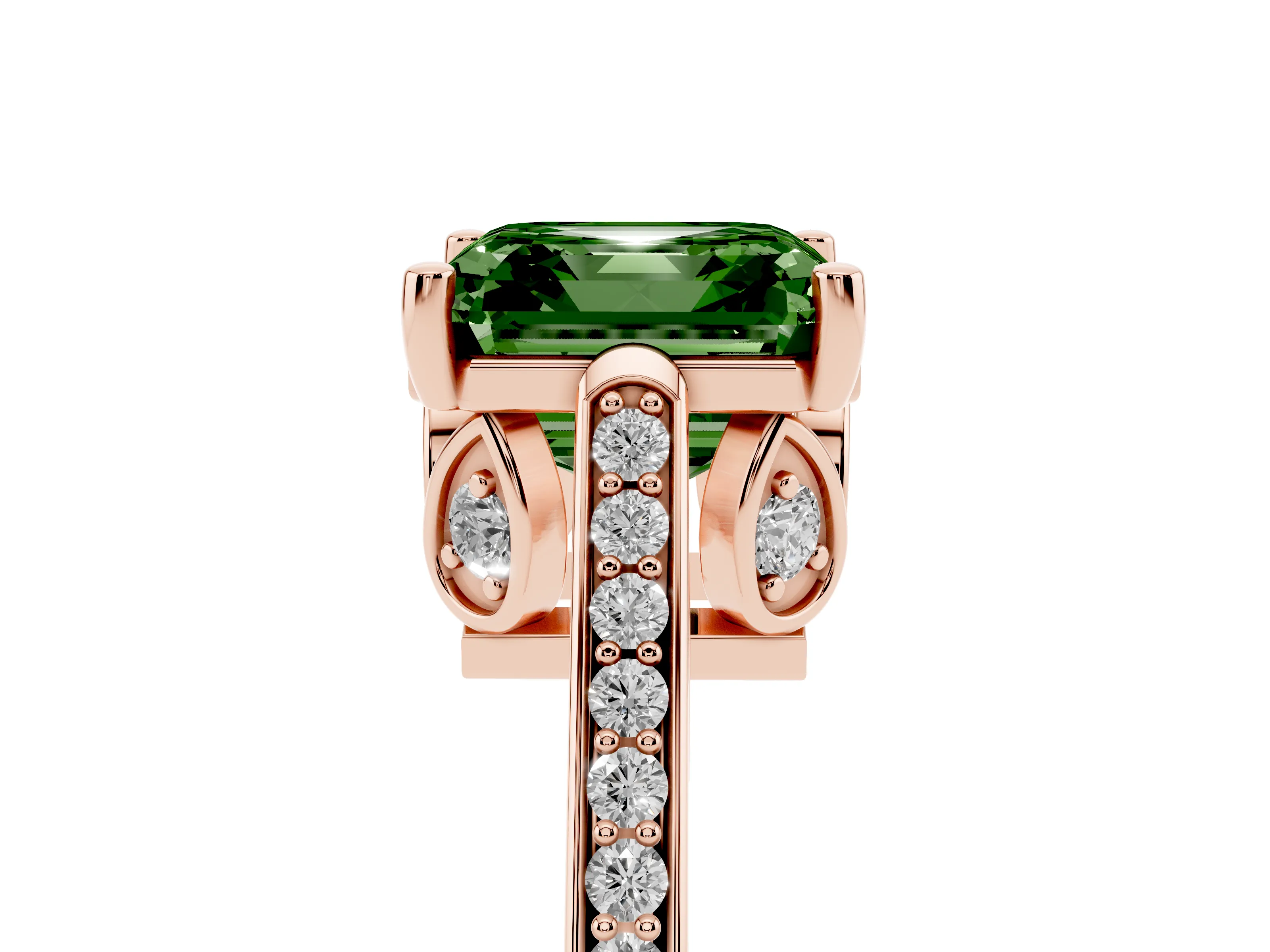 Fancy Green Asscher Cut Diamond Cathedral Pavé Engagement Ring Set in Rose gold with Prong Setting