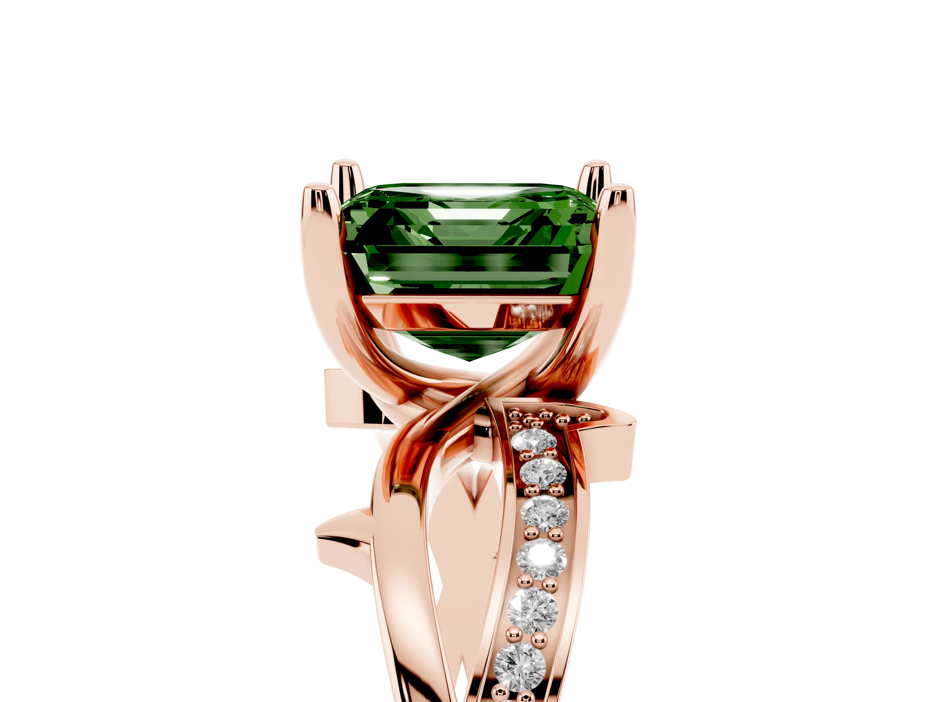 Fancy Green Asscher Cut Diamond Pavé Twist Band Solitaire Ring Set in Rose gold with Prong Setting