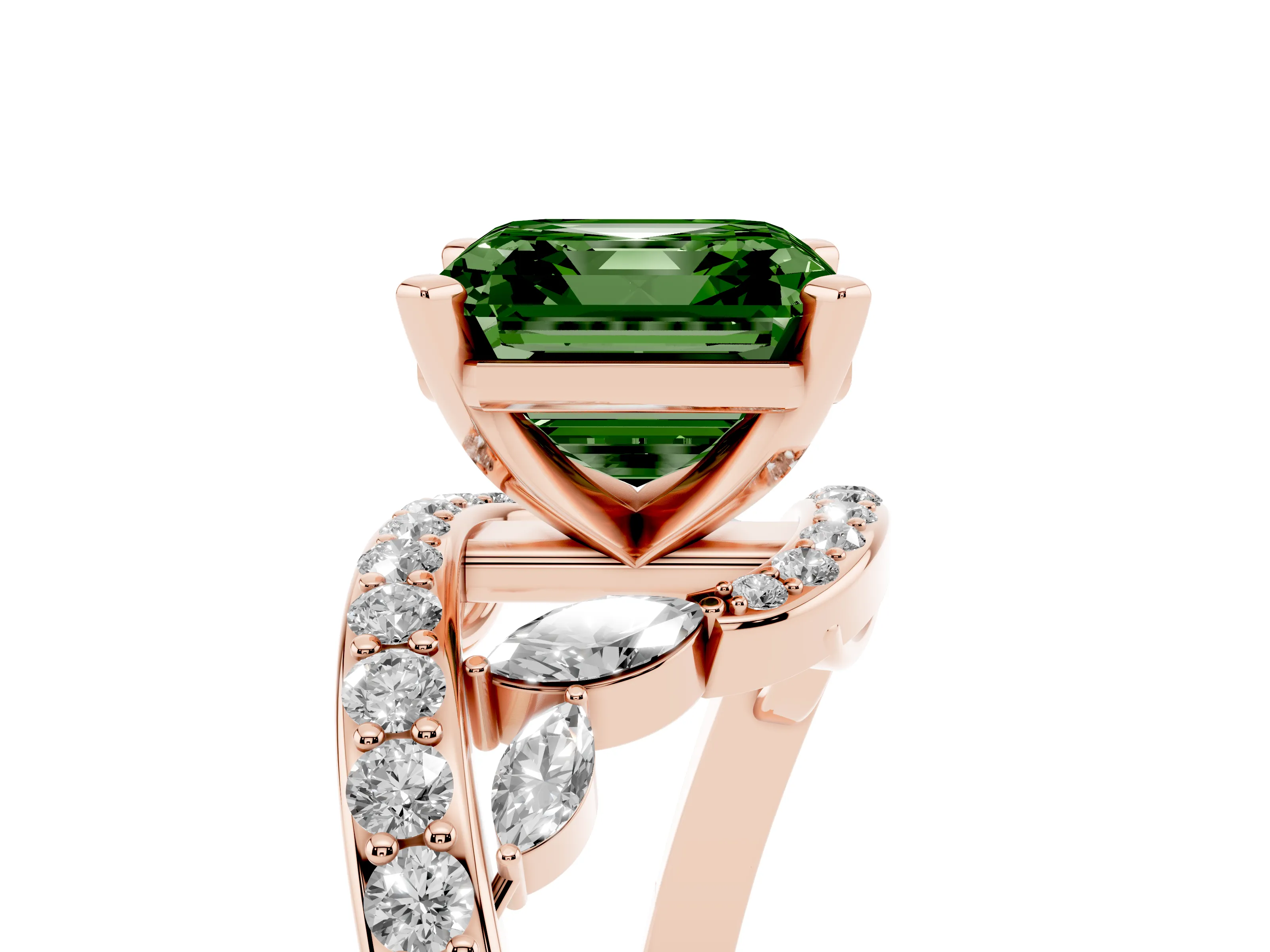Fancy Green Asscher Cut Diamond Solitaire Ring Set in Rose gold with Pavé Twist Band and Secure Prong Setting