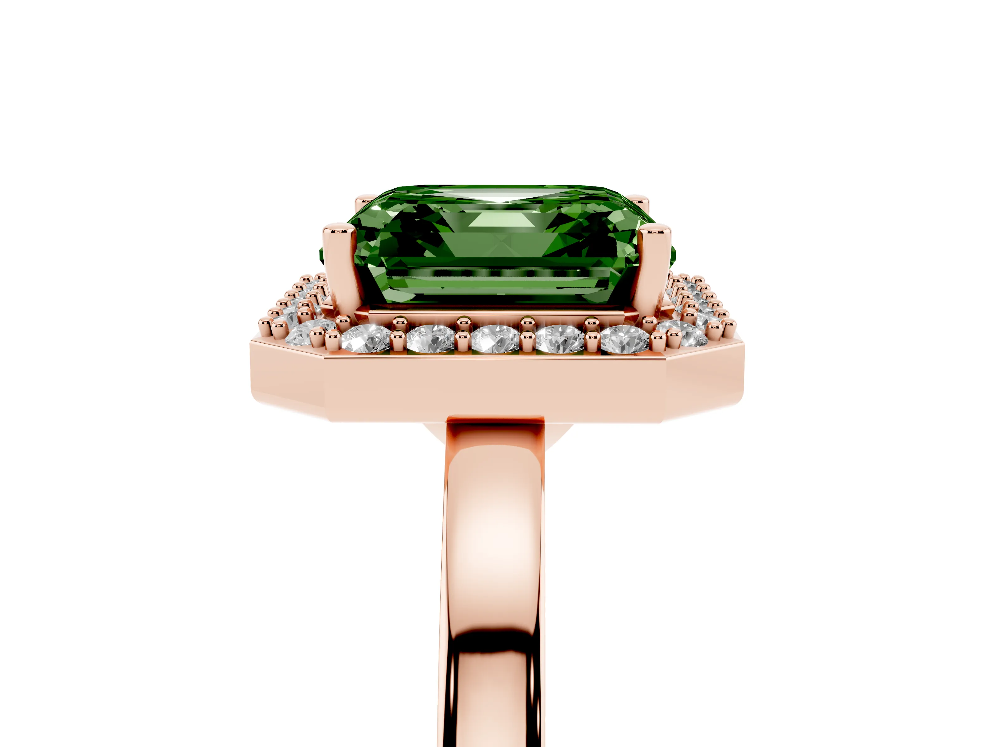 Fancy Green Asscher Cut Diamond Halo Ring Set in Rose gold with Solitaire Band and Prong Setting