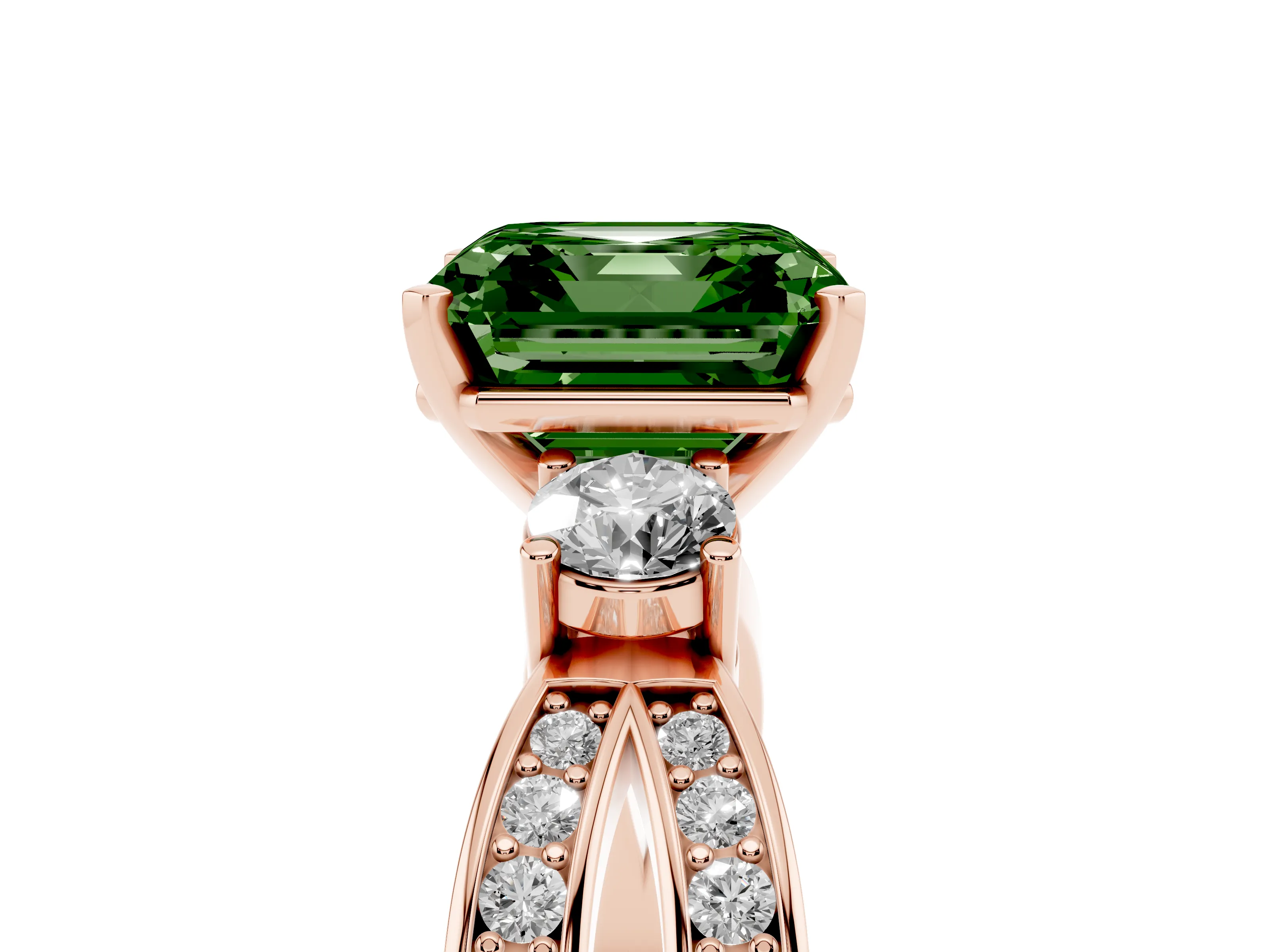 Fancy Green Three-Stone Asscher Cut Diamond Twist Band Ring Set in Rose gold with Pavé Accents and Prong Setting