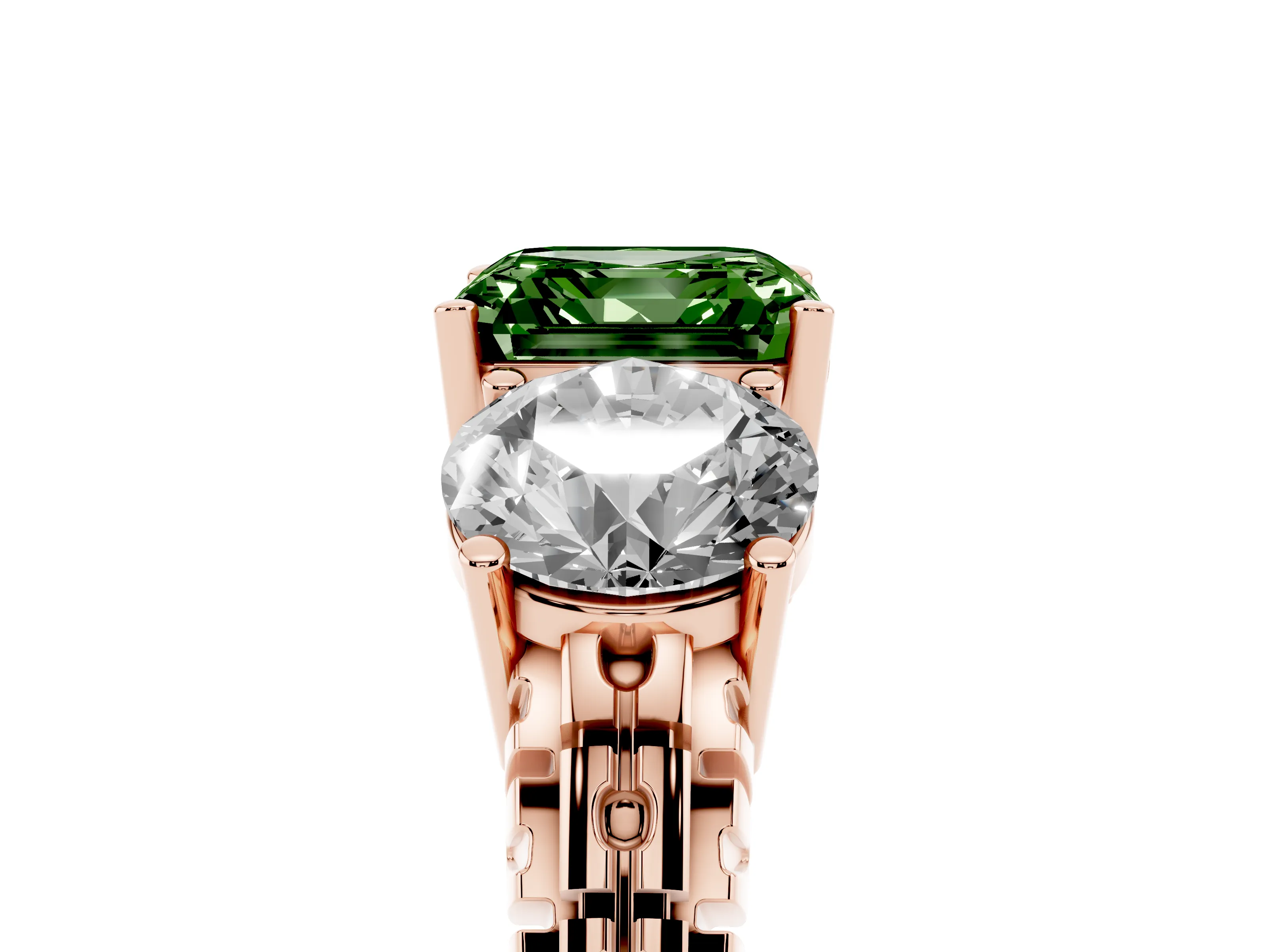 Fancy Green Asscher Cut Diamond Three-Stone Ring Set in Rose gold with Channel-Set Accent Band