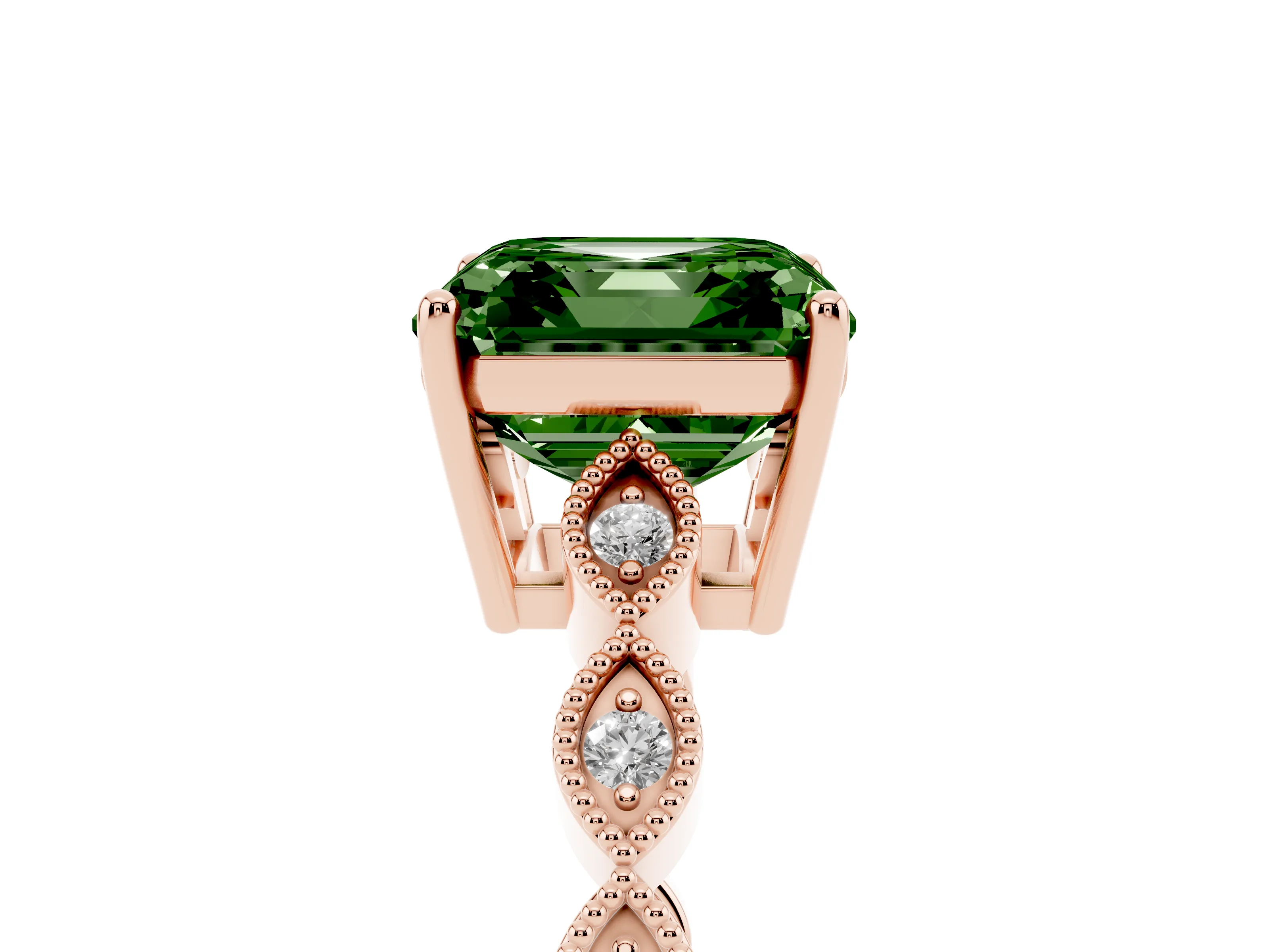 Fancy Green Asscher Cut Diamond Solitaire Ring Set in Rose gold with Infinity Twist Pavé Band