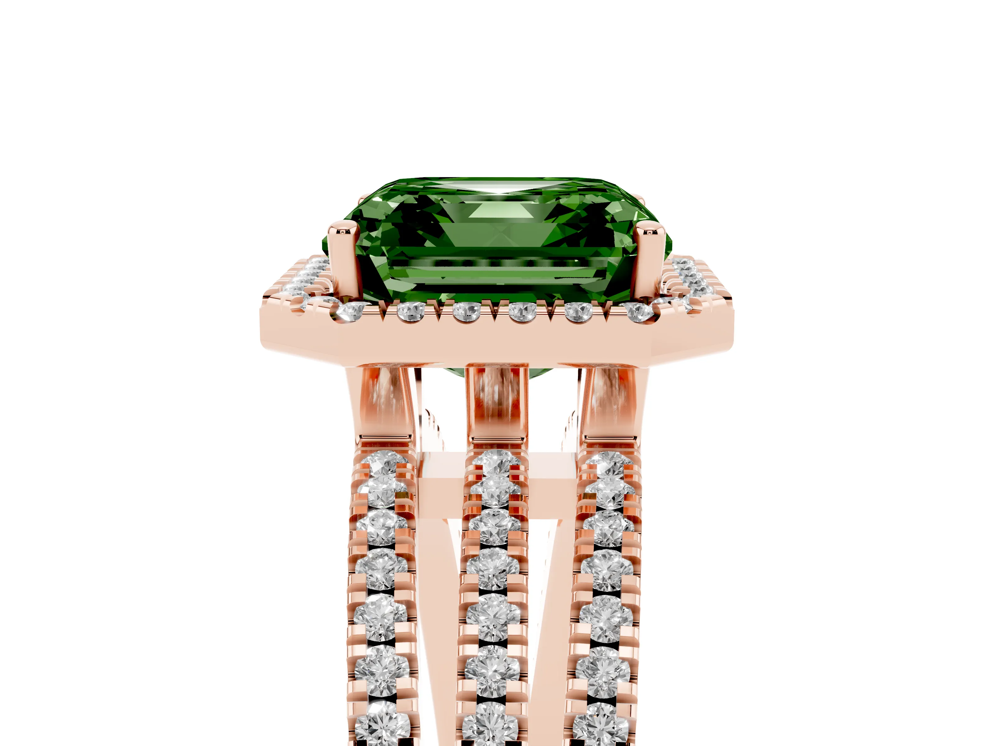 Fancy Green Asscher Cut Diamond Halo Split Shank Engagement Ring Set in Rose gold with Prong Setting