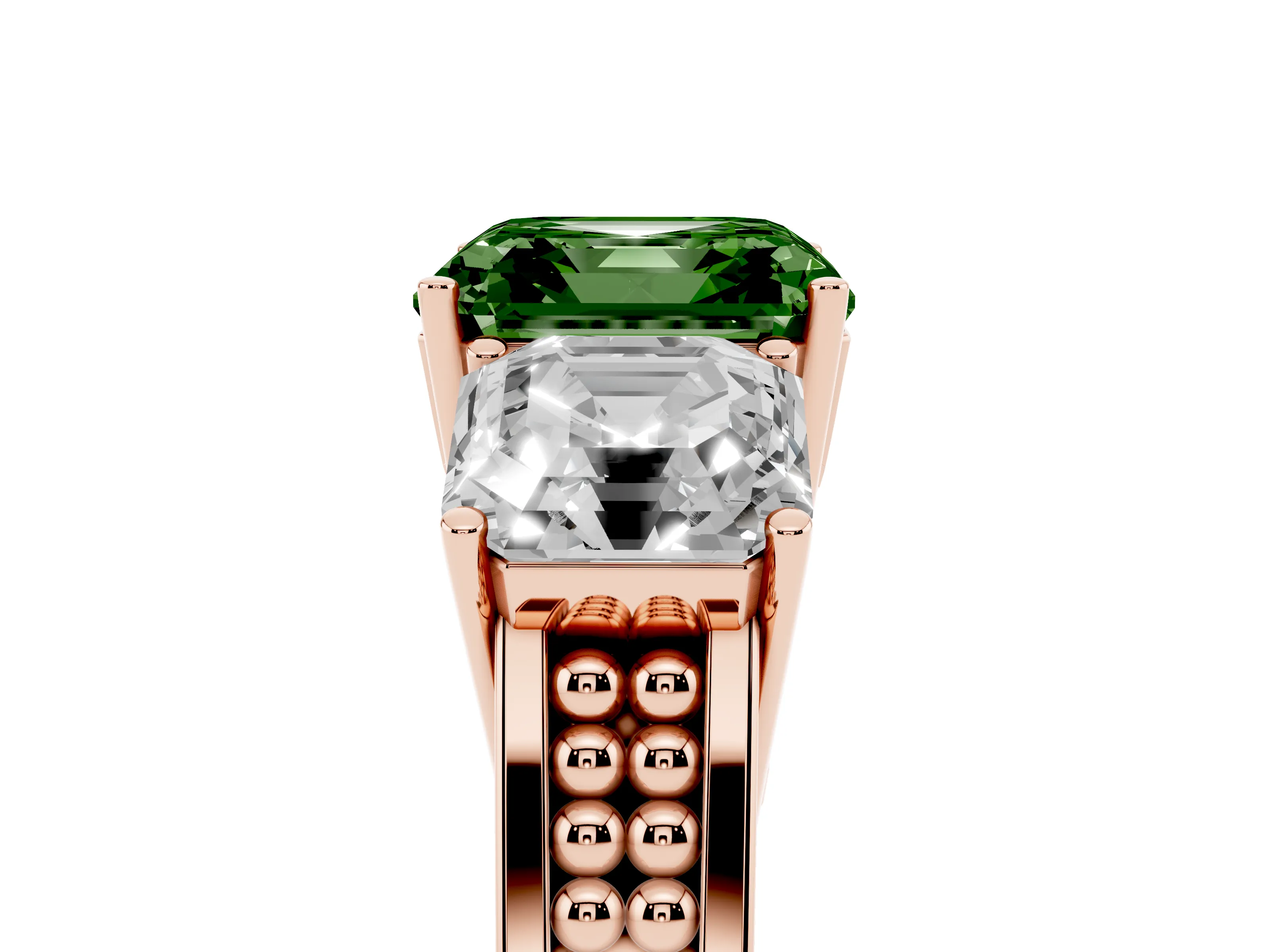 Fancy Green Asscher Cut Diamond Three-Stone Ring Set in Rose gold with Textured Band