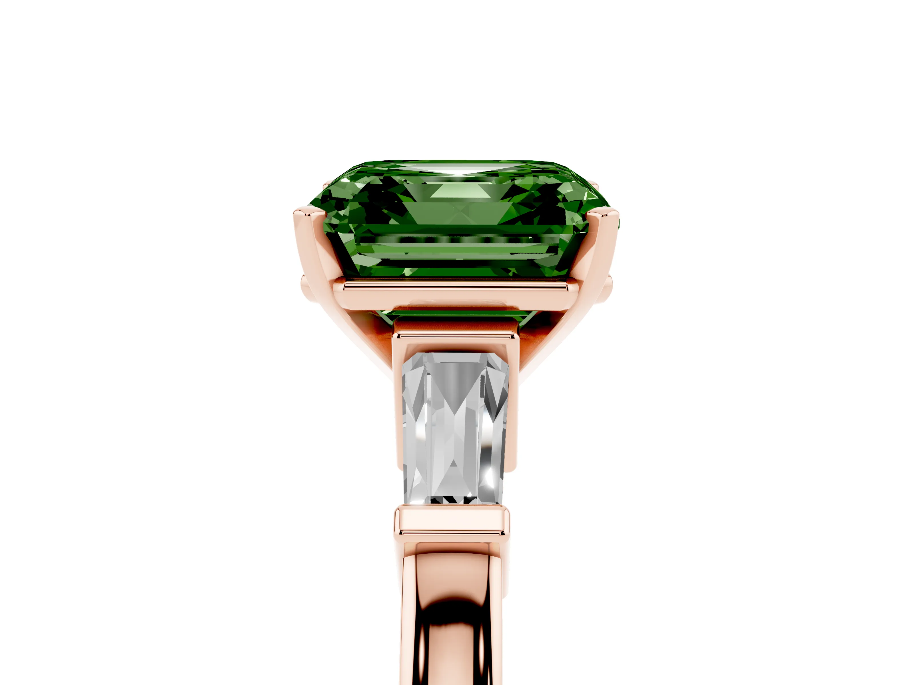 Fancy Green Asscher Cut Diamond Solitaire Ring Set in Rose gold with Tapered Baguette Accents and Prong Setting
