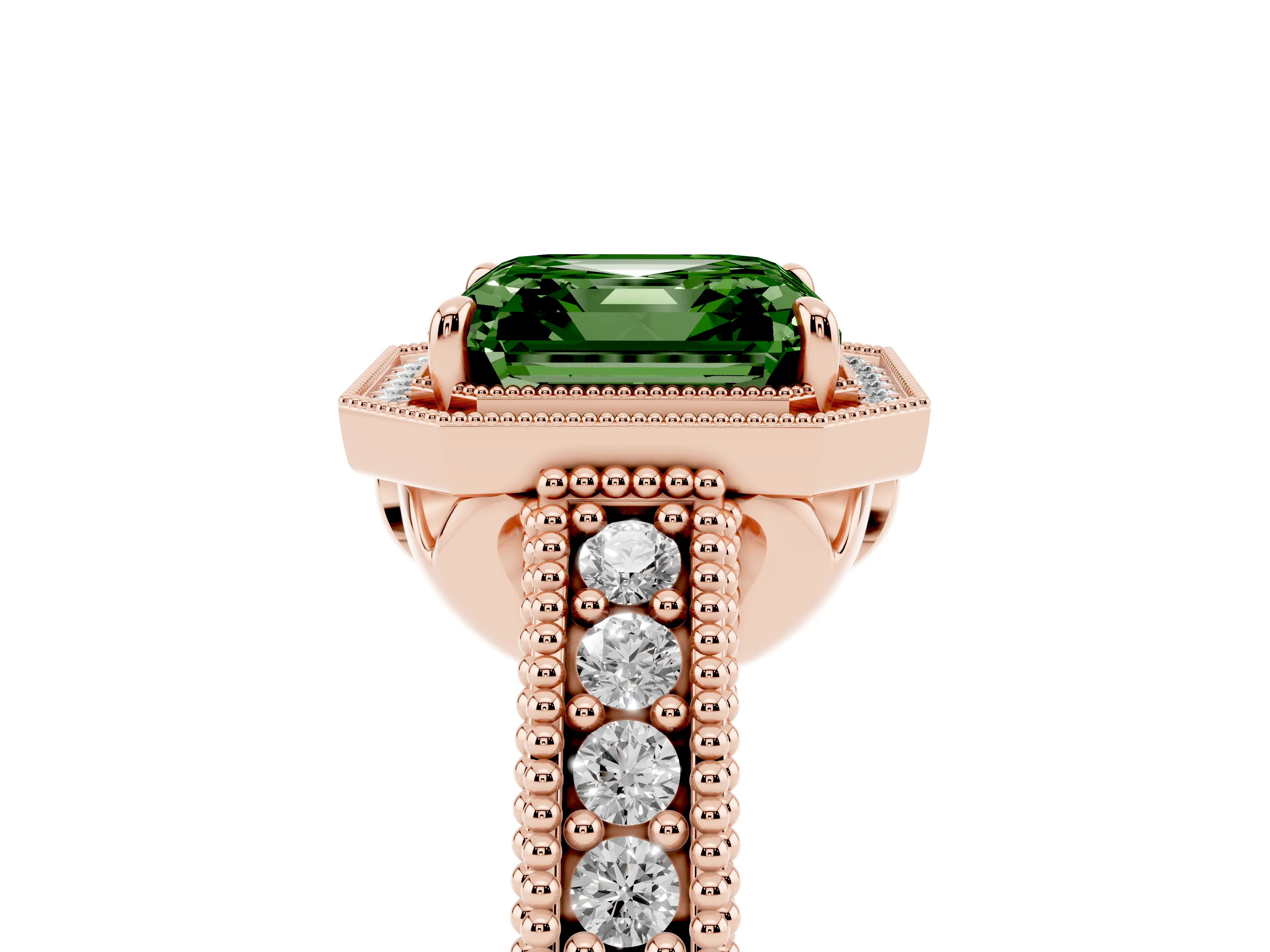 Fancy Green Asscher Cut Diamond Halo Ring Set in Rose gold with Round Accent Halo, Pavé Band and Prong Setting
