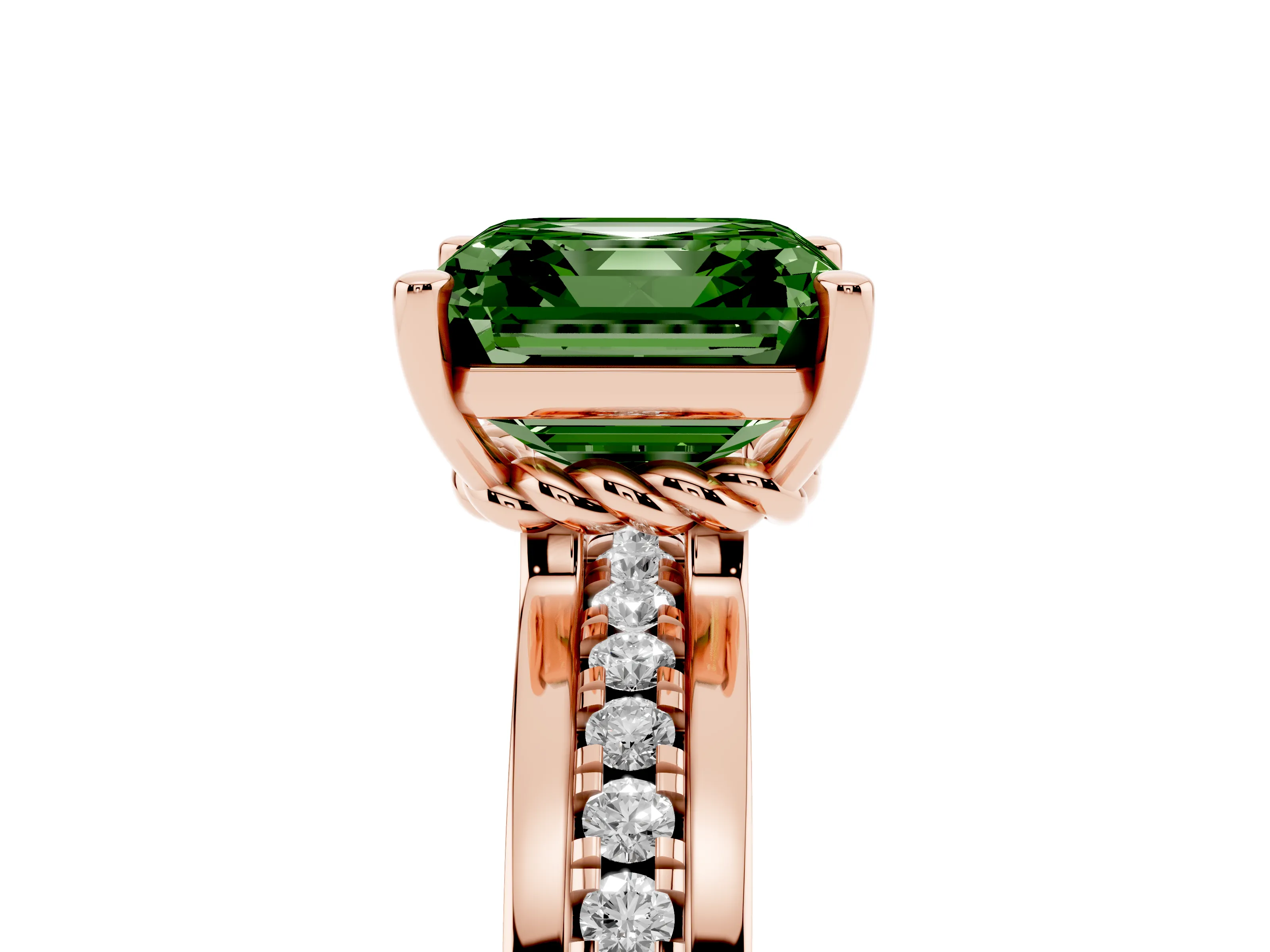 Fancy Green Asscher Cut Diamond Solitaire Ring Set in Rose gold with Channel Set Band and Prong Setting
